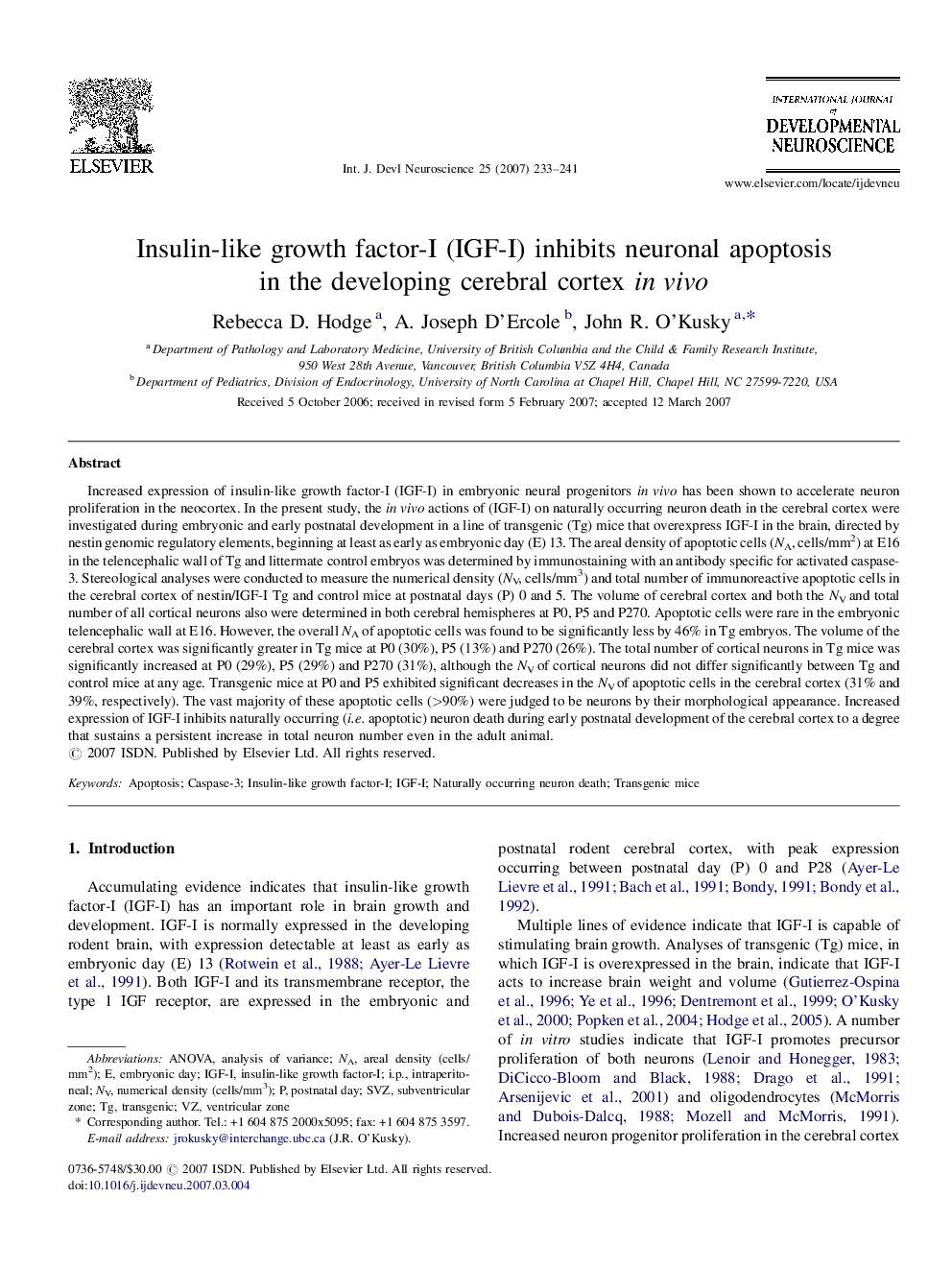 Insulin-like growth factor-I (IGF-I) inhibits neuronal apoptosis in the developing cerebral cortex in vivo