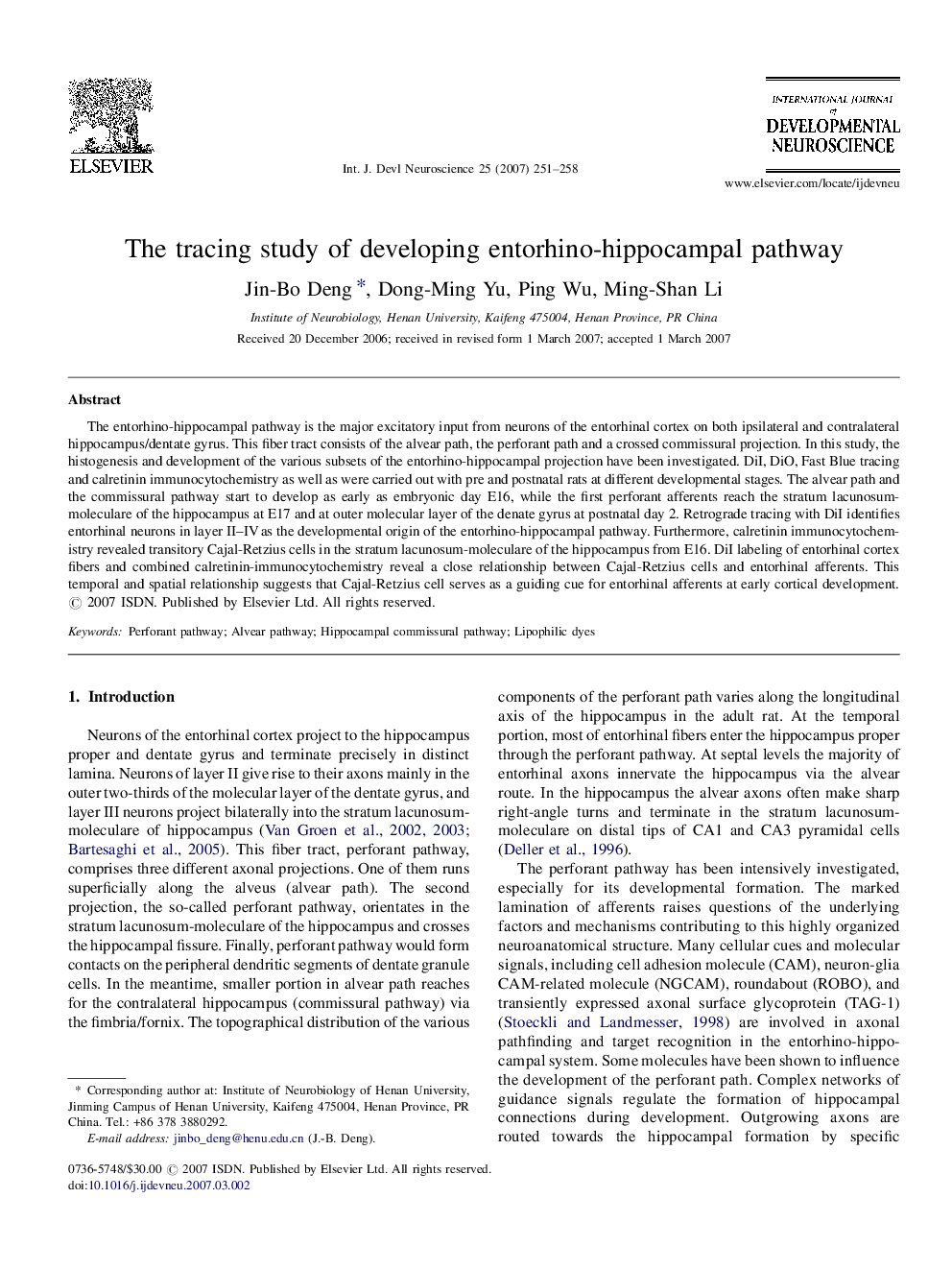 The tracing study of developing entorhino-hippocampal pathway