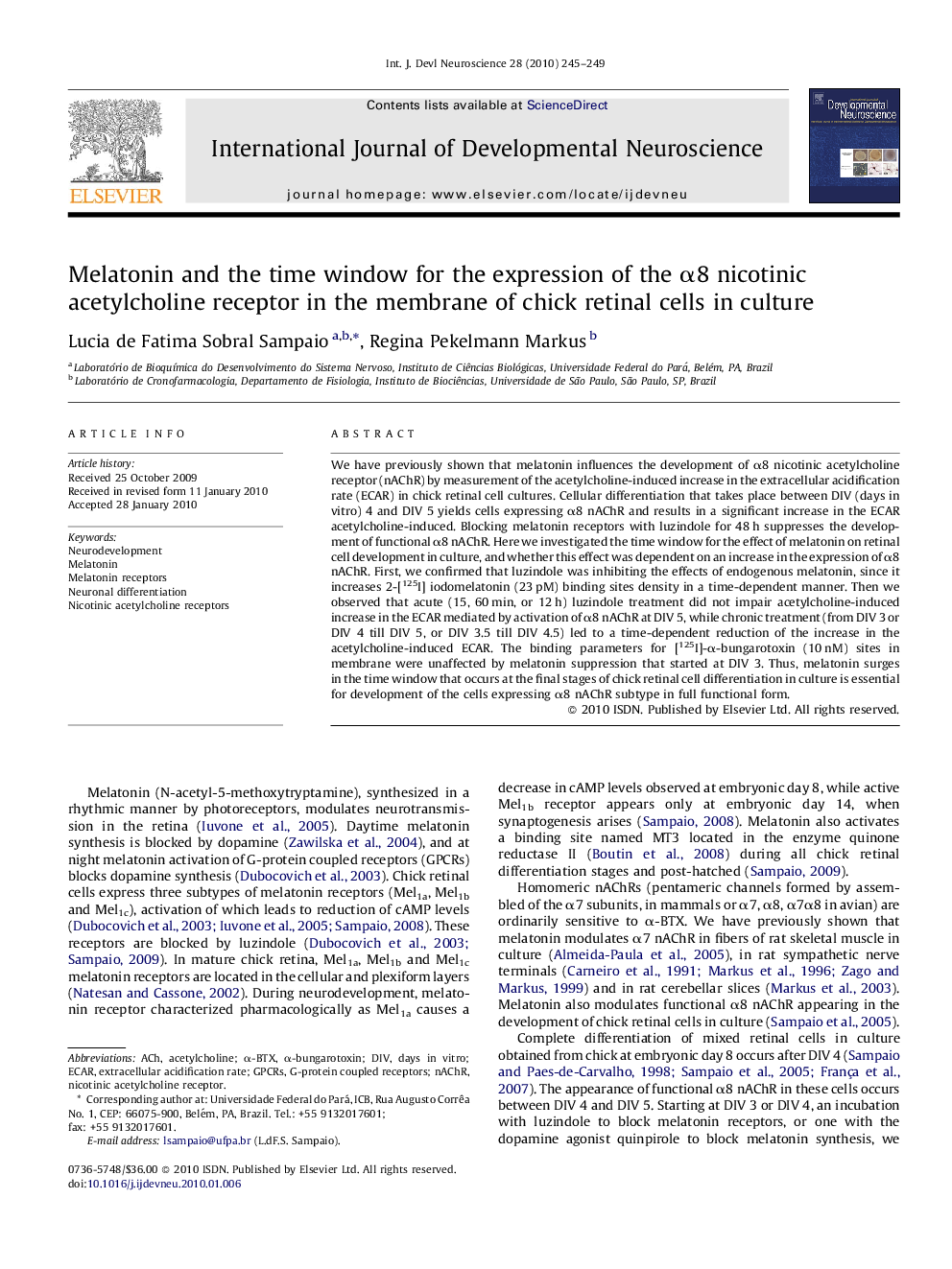 Melatonin and the time window for the expression of the α8 nicotinic acetylcholine receptor in the membrane of chick retinal cells in culture