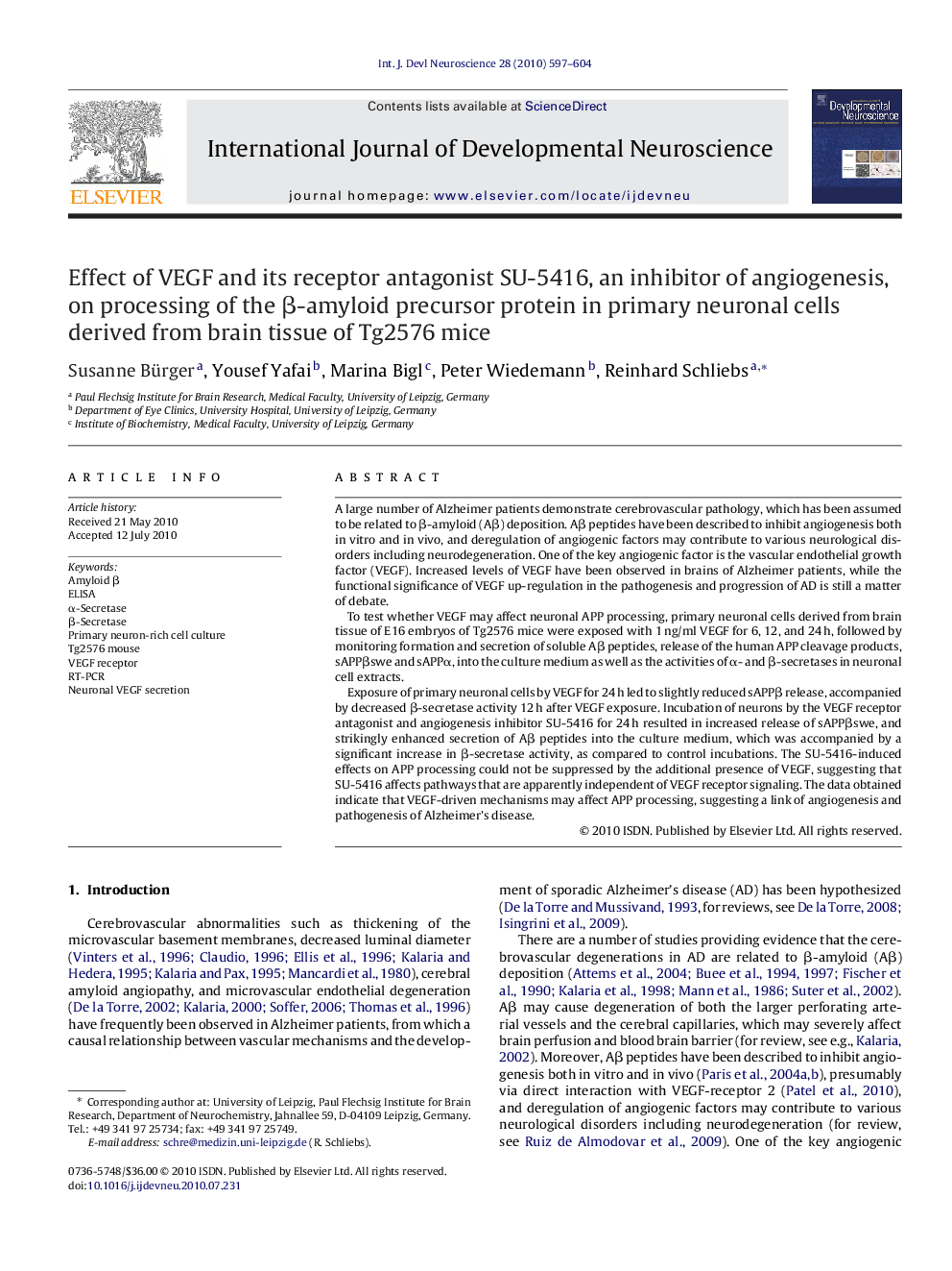 Effect of VEGF and its receptor antagonist SU-5416, an inhibitor of angiogenesis, on processing of the β-amyloid precursor protein in primary neuronal cells derived from brain tissue of Tg2576 mice