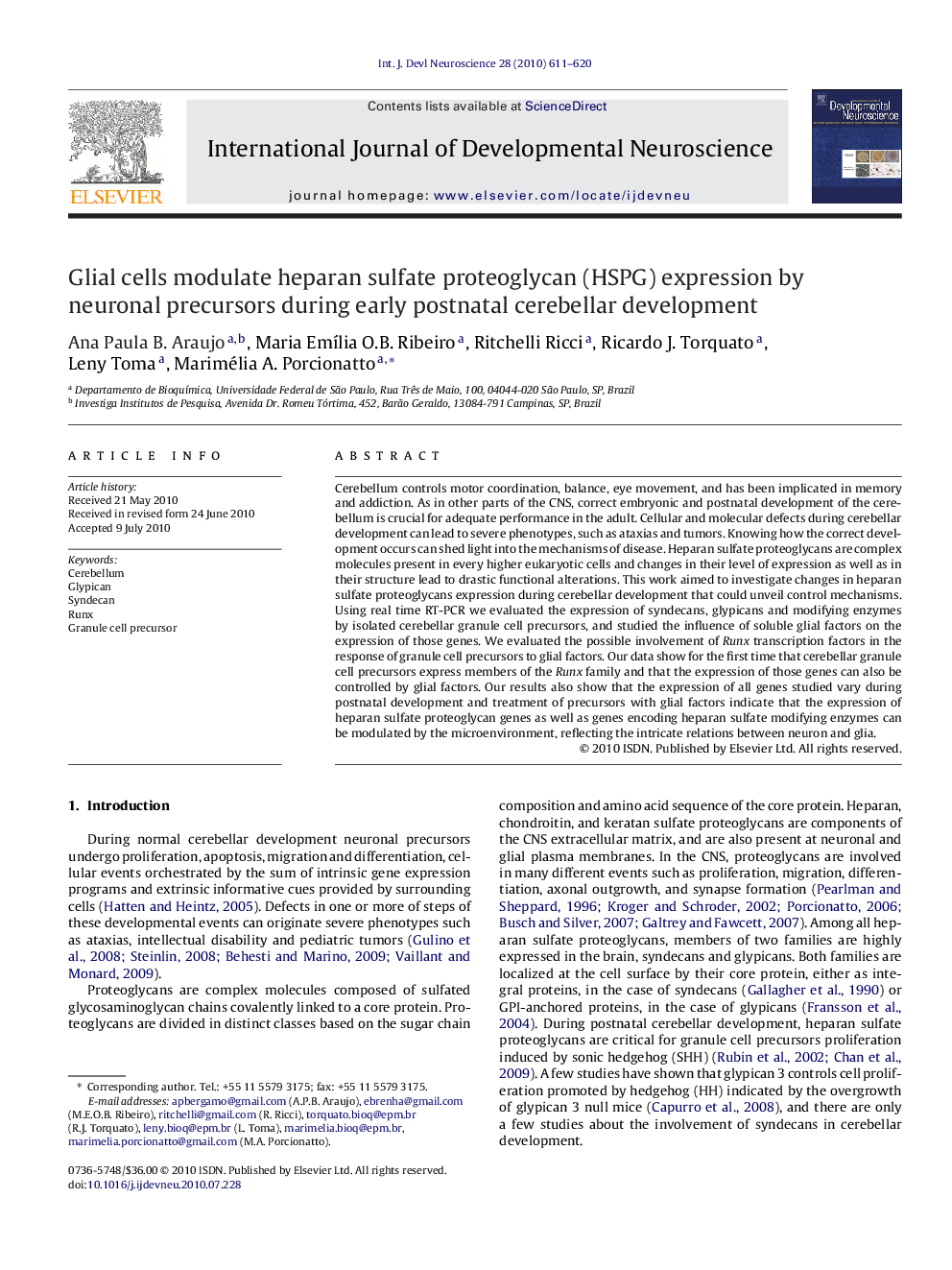 Glial cells modulate heparan sulfate proteoglycan (HSPG) expression by neuronal precursors during early postnatal cerebellar development