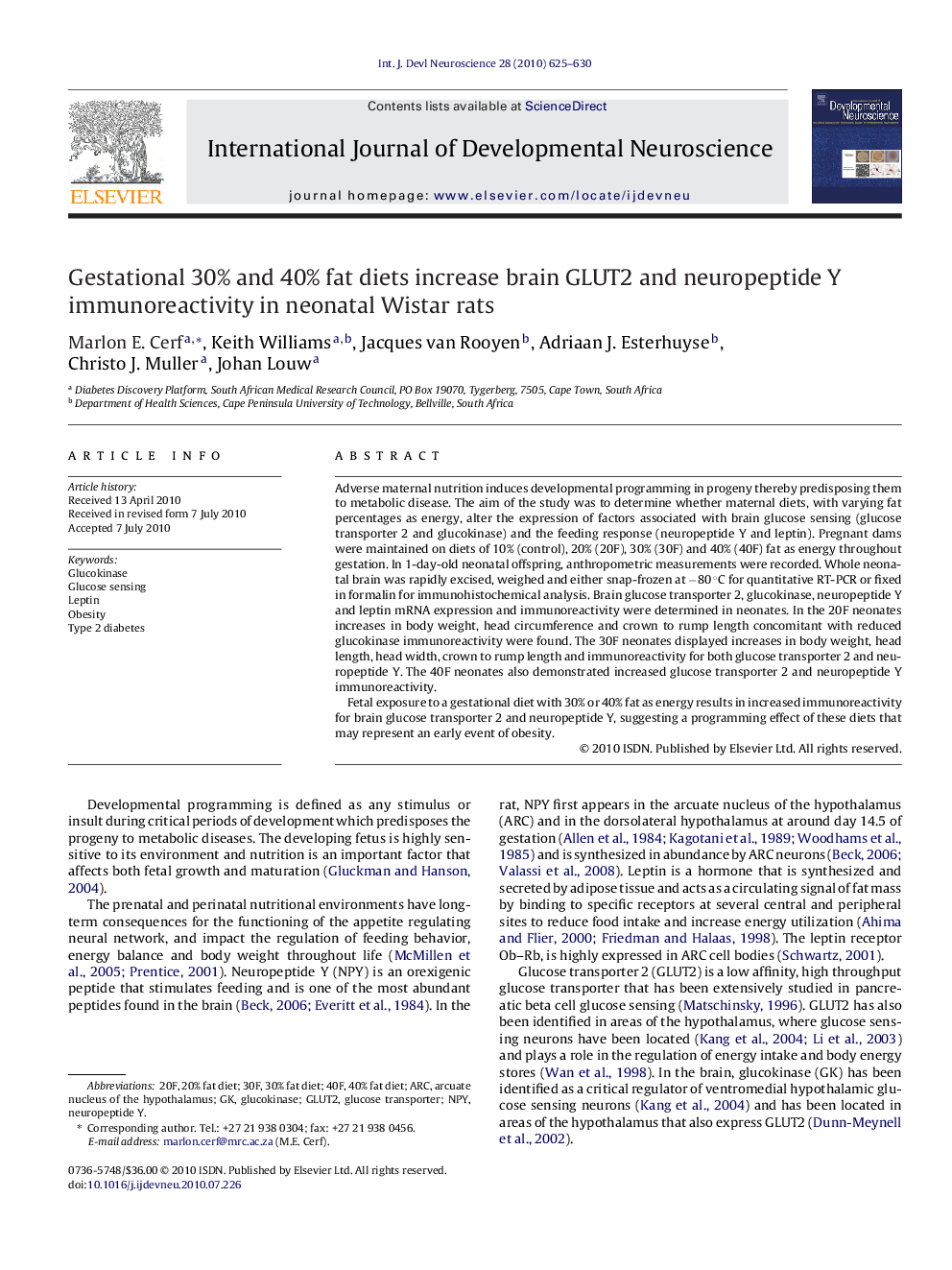 Gestational 30% and 40% fat diets increase brain GLUT2 and neuropeptide Y immunoreactivity in neonatal Wistar rats