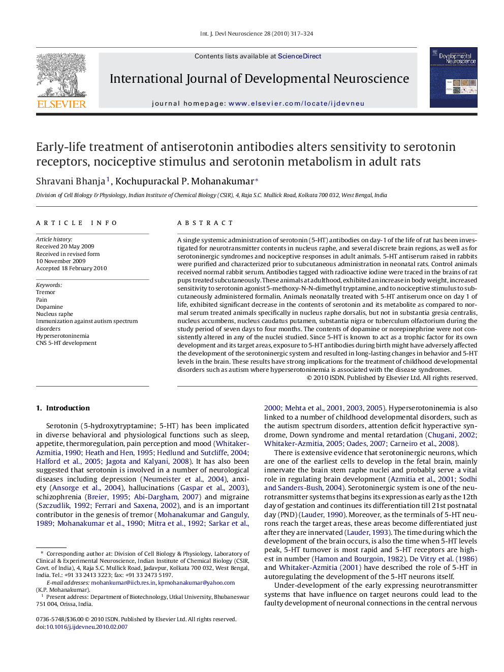 Early-life treatment of antiserotonin antibodies alters sensitivity to serotonin receptors, nociceptive stimulus and serotonin metabolism in adult rats