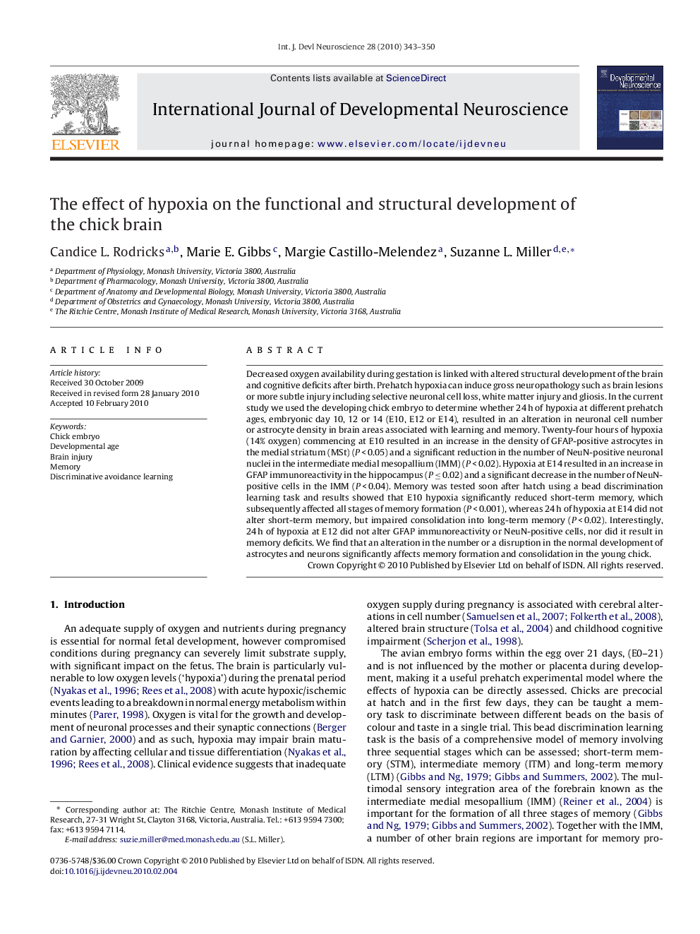 The effect of hypoxia on the functional and structural development of the chick brain