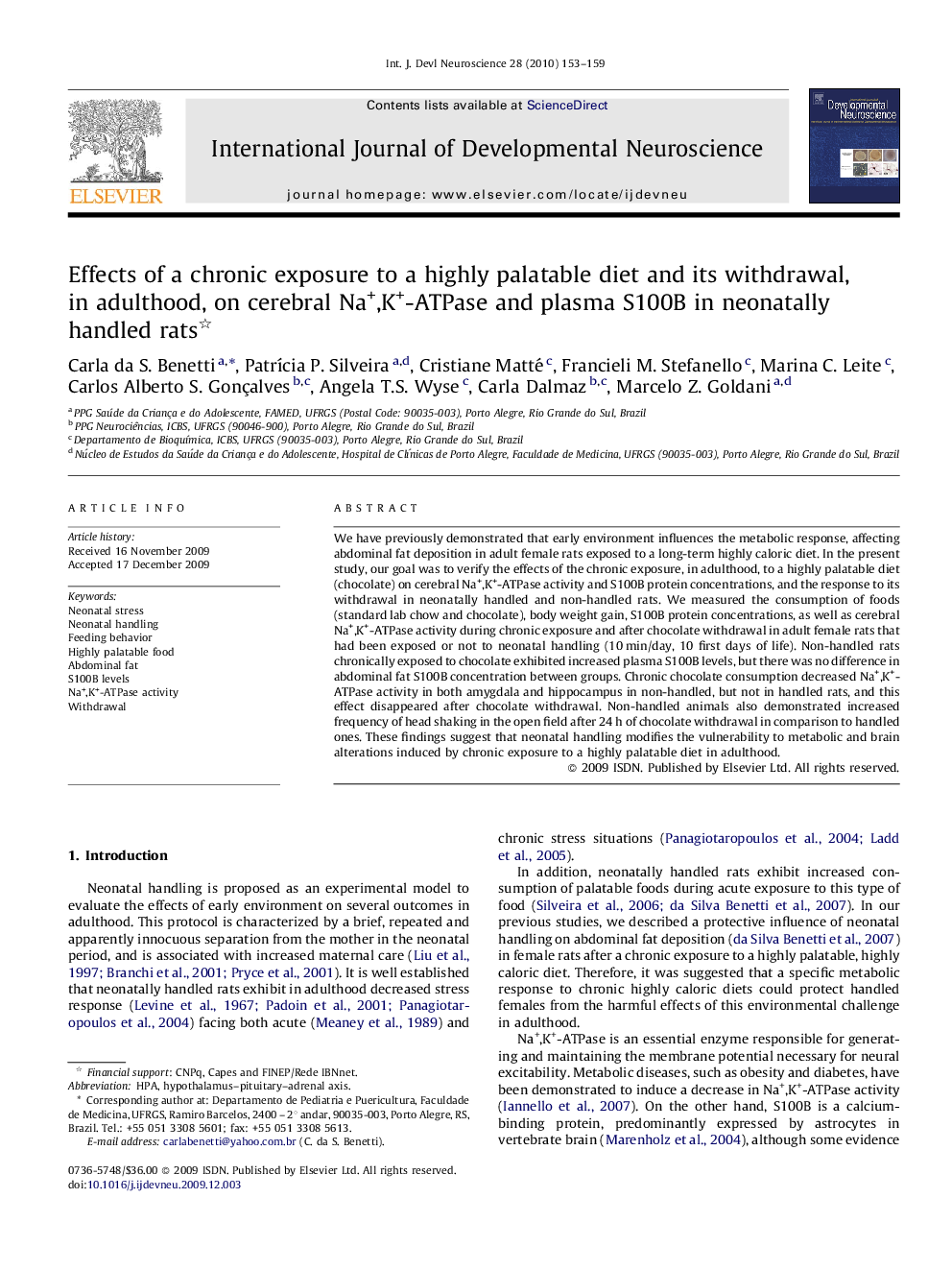 Effects of a chronic exposure to a highly palatable diet and its withdrawal, in adulthood, on cerebral Na+,K+-ATPase and plasma S100B in neonatally handled rats 