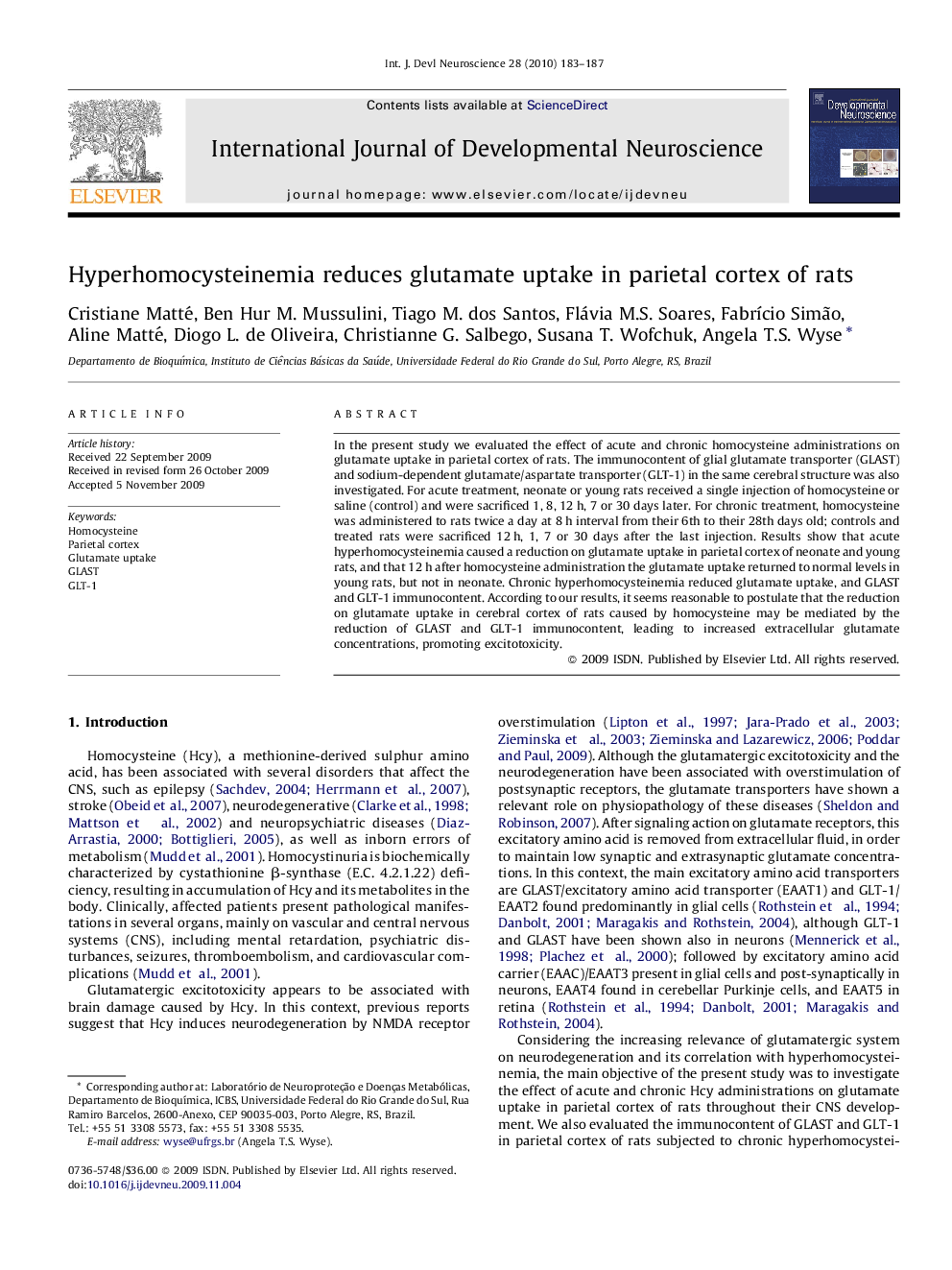 Hyperhomocysteinemia reduces glutamate uptake in parietal cortex of rats