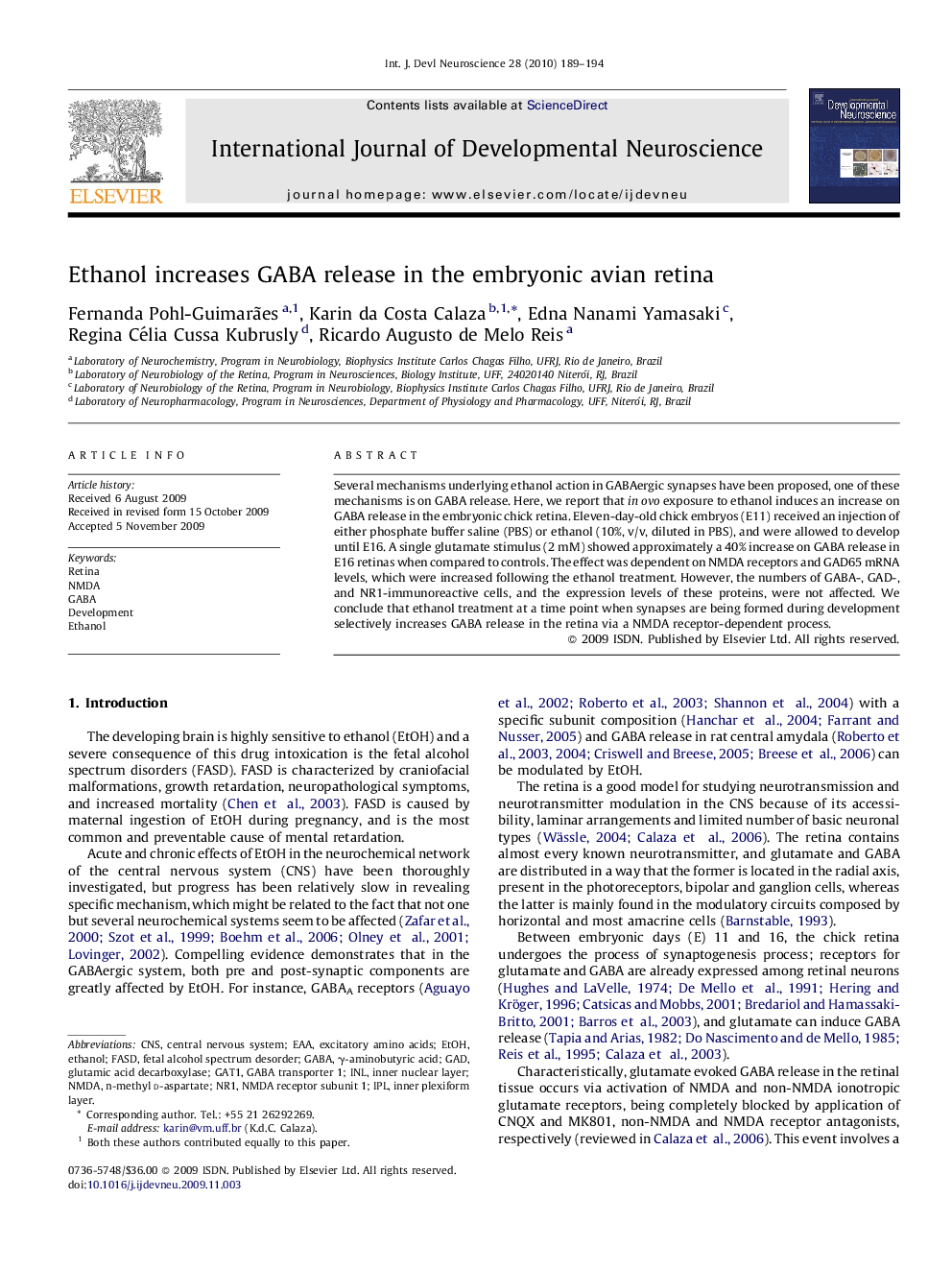 Ethanol increases GABA release in the embryonic avian retina