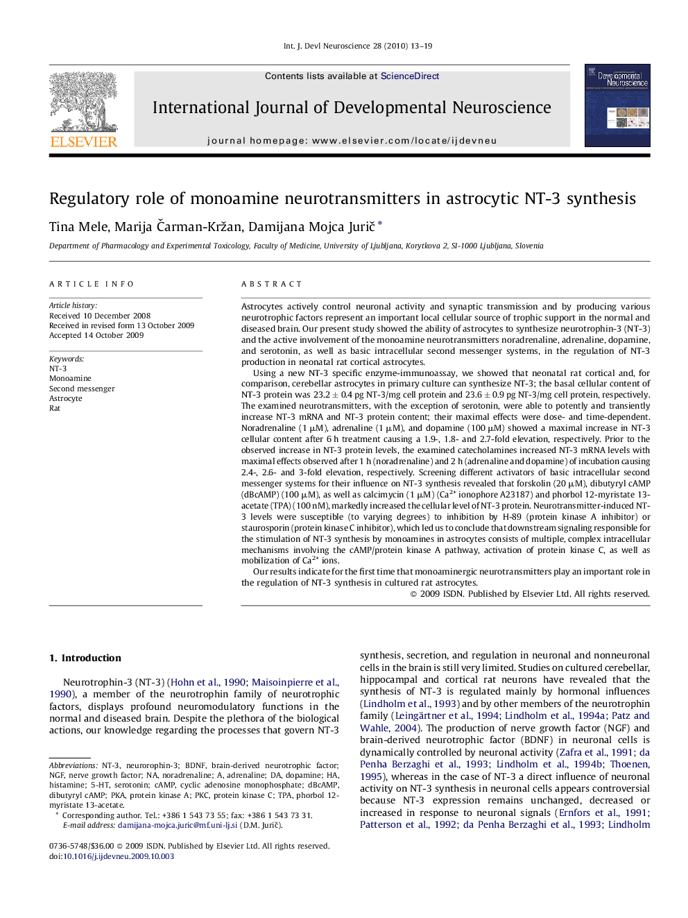 Regulatory role of monoamine neurotransmitters in astrocytic NT-3 synthesis