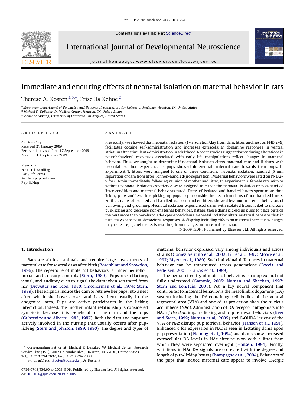 Immediate and enduring effects of neonatal isolation on maternal behavior in rats