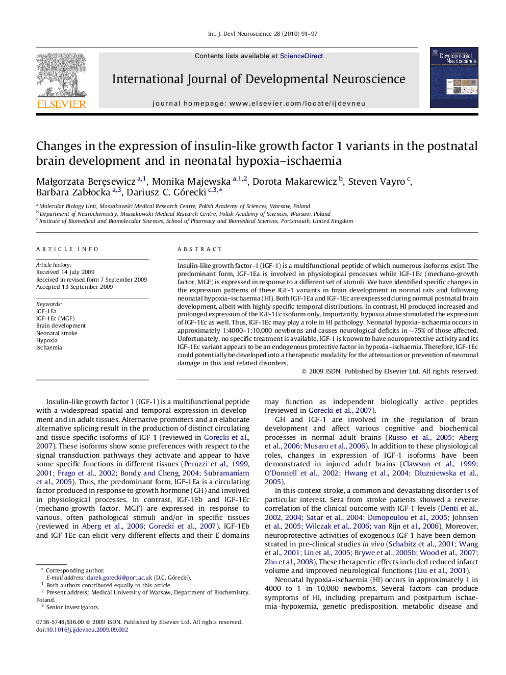 Changes in the expression of insulin-like growth factor 1 variants in the postnatal brain development and in neonatal hypoxia–ischaemia