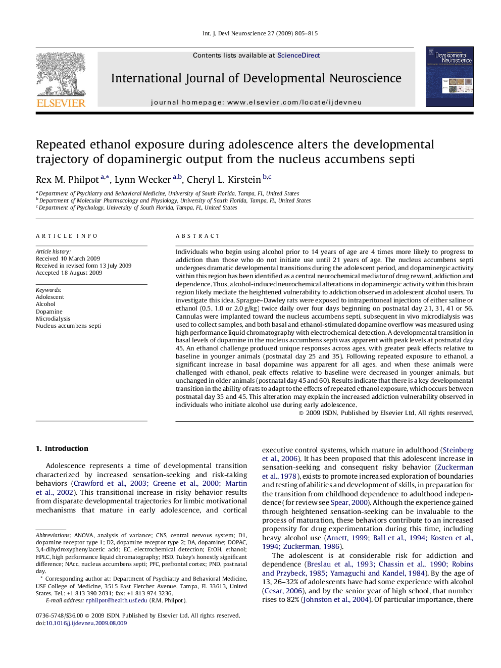 Repeated ethanol exposure during adolescence alters the developmental trajectory of dopaminergic output from the nucleus accumbens septi