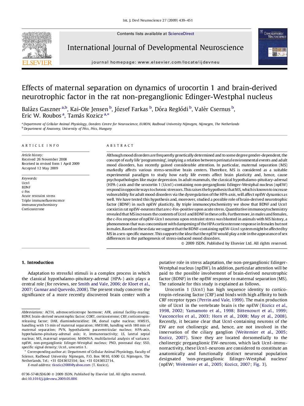 Effects of maternal separation on dynamics of urocortin 1 and brain-derived neurotrophic factor in the rat non-preganglionic Edinger-Westphal nucleus