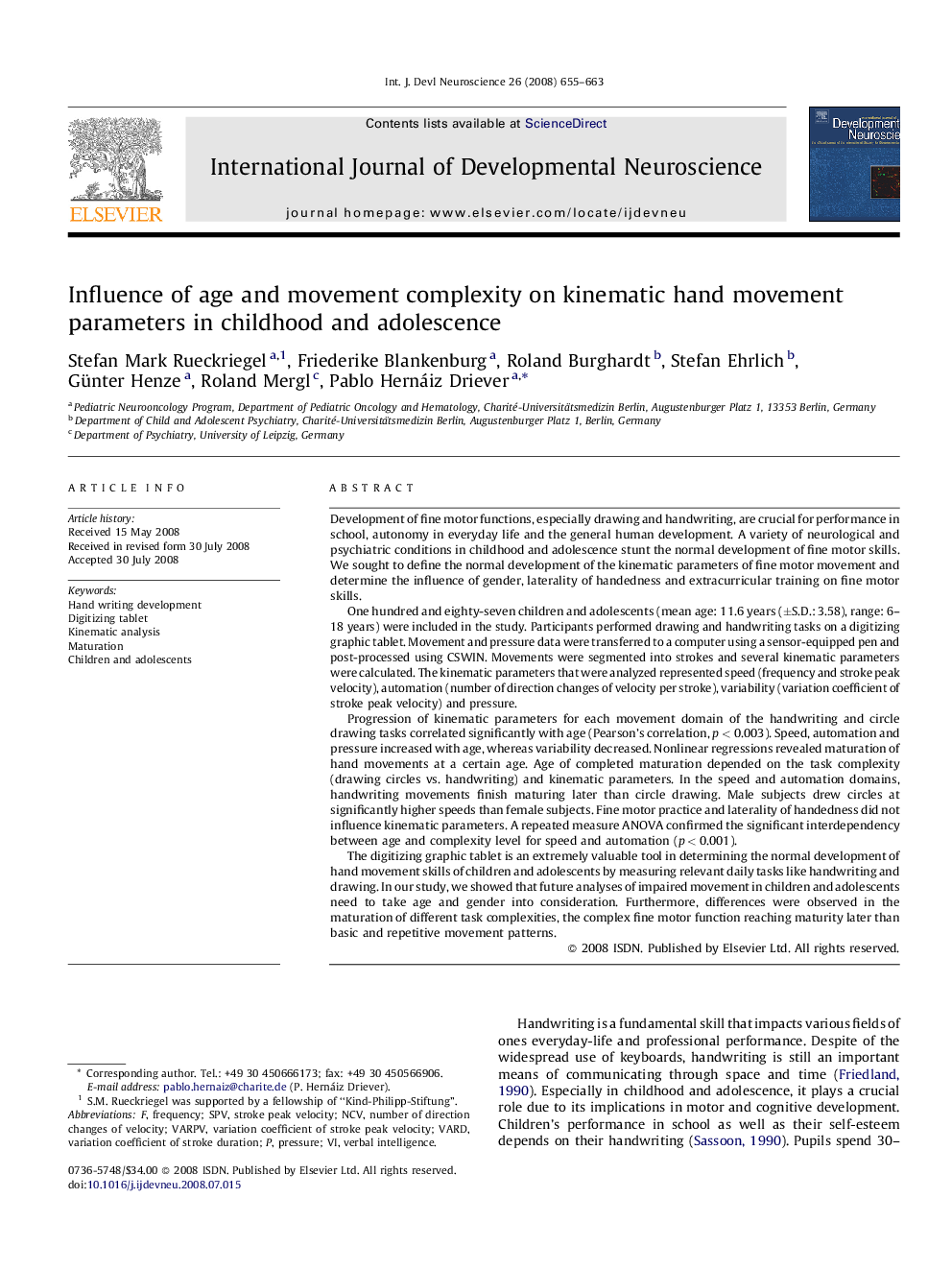 Influence of age and movement complexity on kinematic hand movement parameters in childhood and adolescence