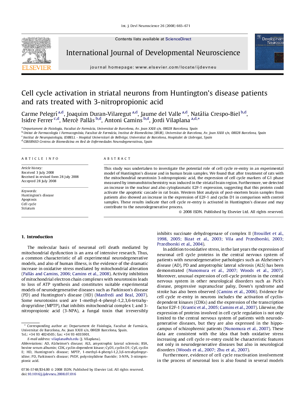 Cell cycle activation in striatal neurons from Huntington's disease patients and rats treated with 3-nitropropionic acid