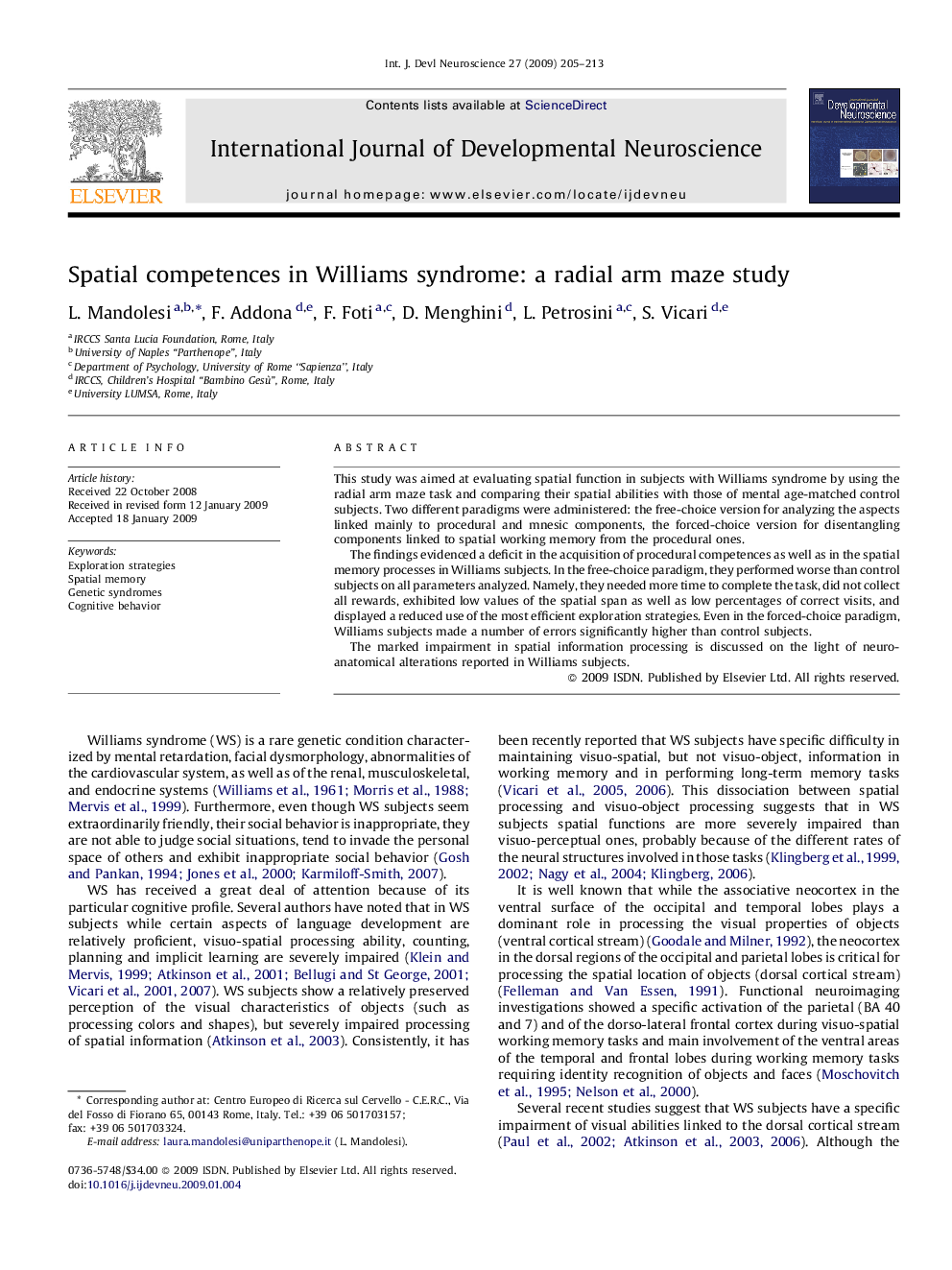 Spatial competences in Williams syndrome: a radial arm maze study