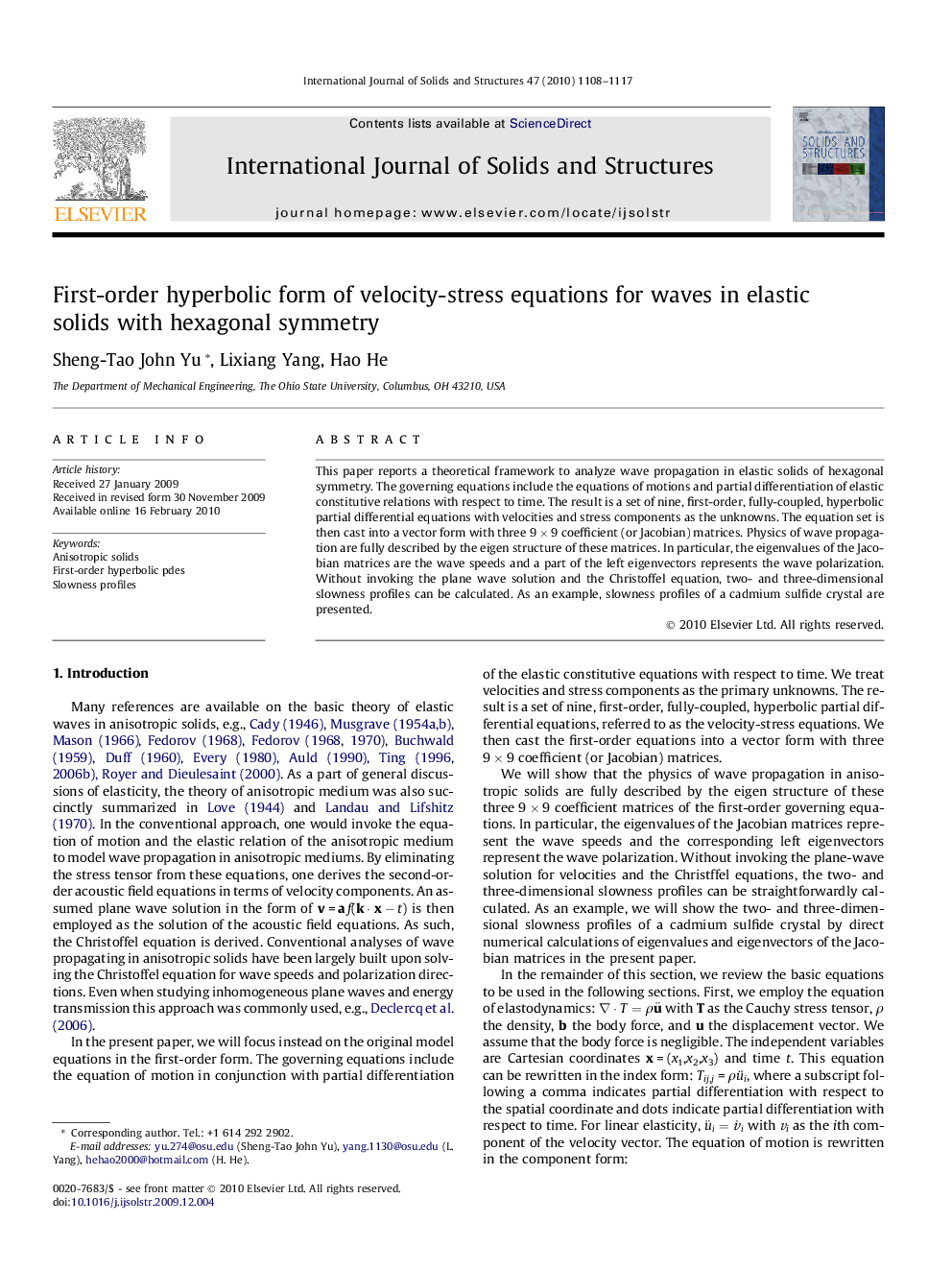 First-order hyperbolic form of velocity-stress equations for waves in elastic solids with hexagonal symmetry