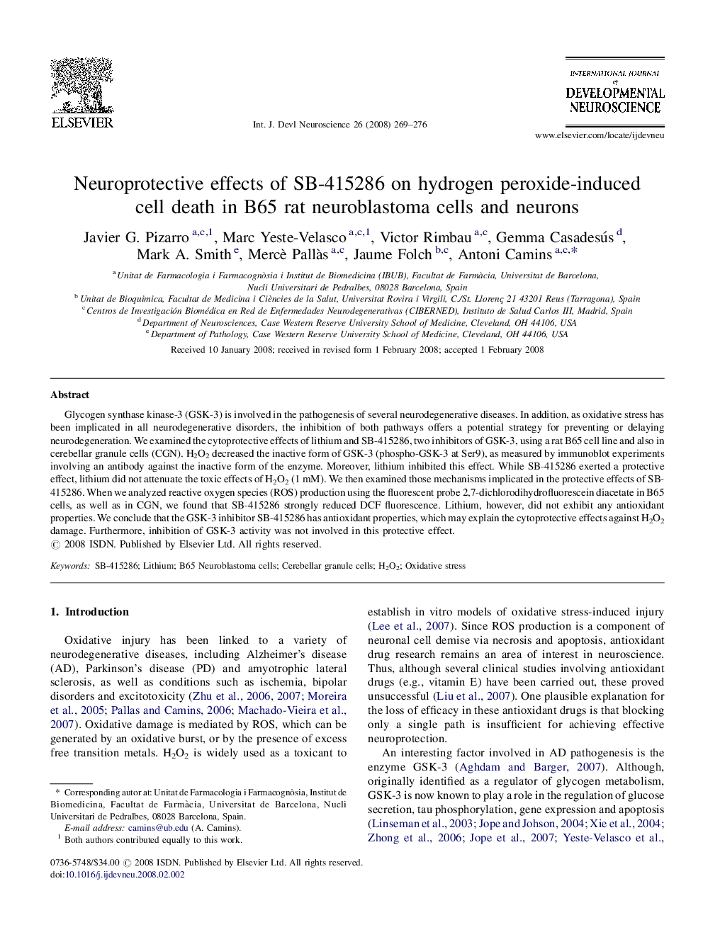 Neuroprotective effects of SB-415286 on hydrogen peroxide-induced cell death in B65 rat neuroblastoma cells and neurons