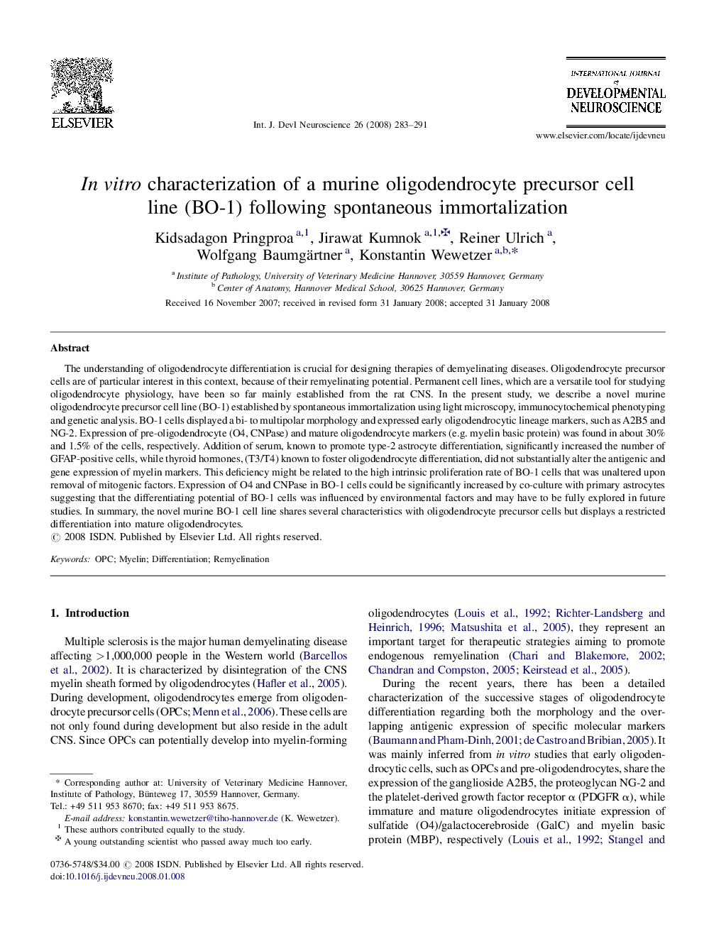 In vitro characterization of a murine oligodendrocyte precursor cell line (BO-1) following spontaneous immortalization