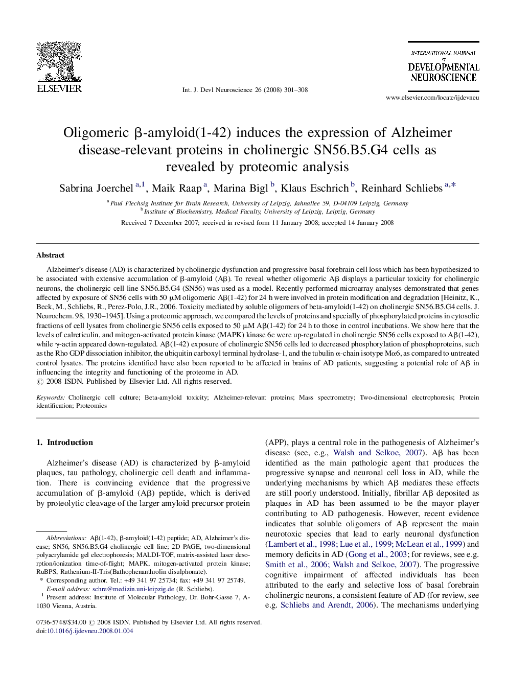 Oligomeric β-amyloid(1-42) induces the expression of Alzheimer disease-relevant proteins in cholinergic SN56.B5.G4 cells as revealed by proteomic analysis