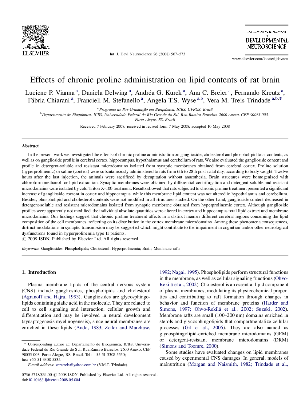 Effects of chronic proline administration on lipid contents of rat brain