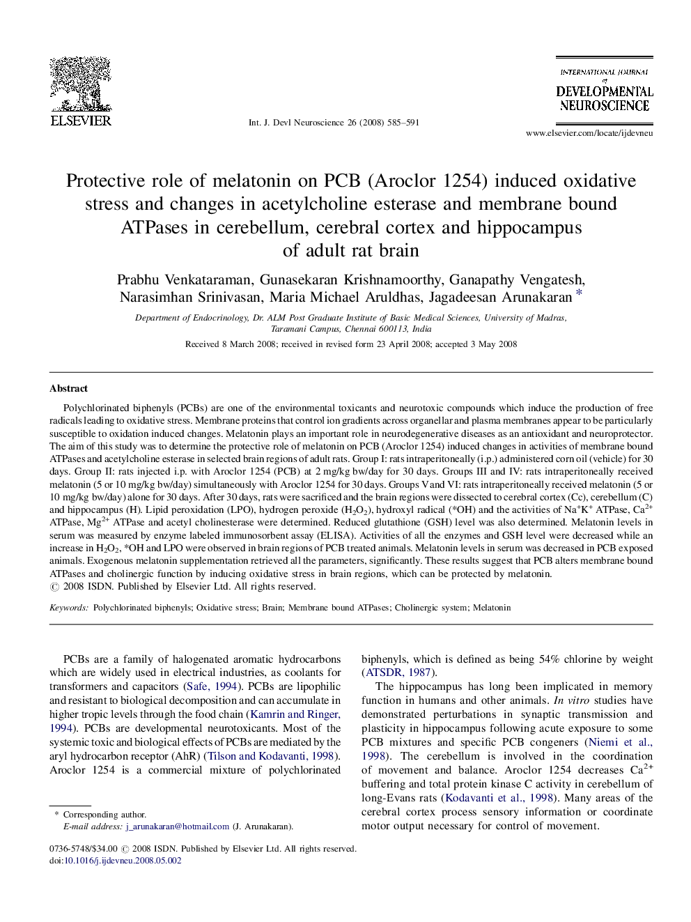 Protective role of melatonin on PCB (Aroclor 1254) induced oxidative stress and changes in acetylcholine esterase and membrane bound ATPases in cerebellum, cerebral cortex and hippocampus of adult rat brain