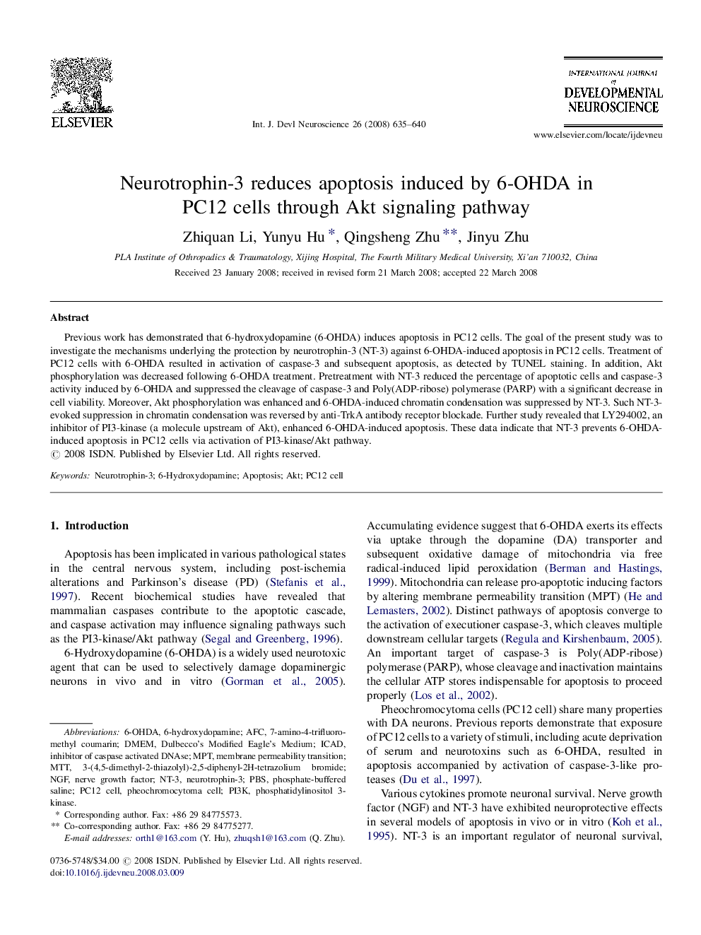 Neurotrophin-3 reduces apoptosis induced by 6-OHDA in PC12 cells through Akt signaling pathway