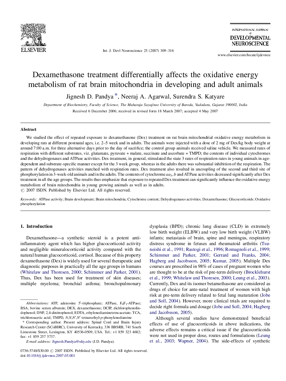 Dexamethasone treatment differentially affects the oxidative energy metabolism of rat brain mitochondria in developing and adult animals