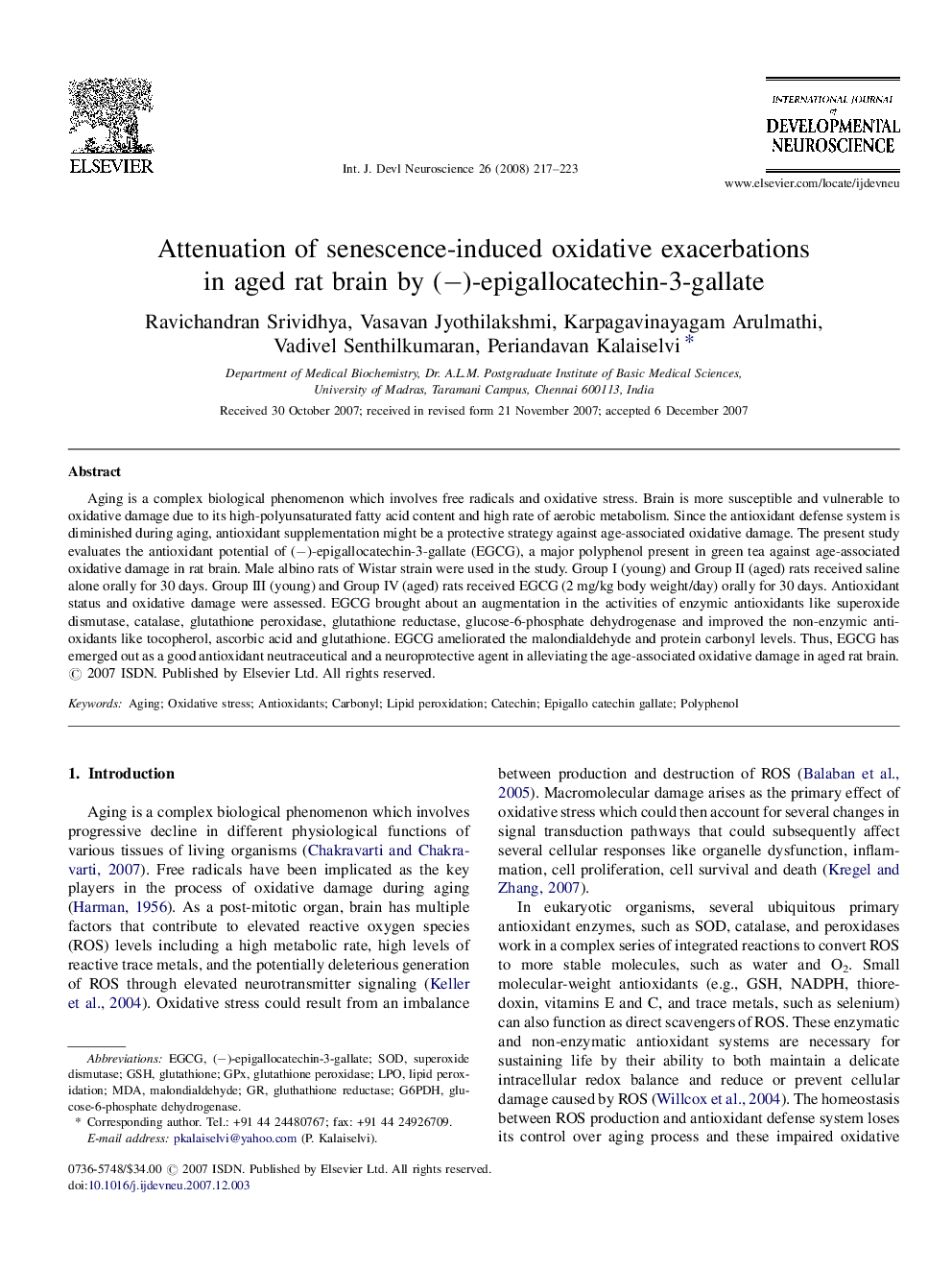 Attenuation of senescence-induced oxidative exacerbations in aged rat brain by (−)-epigallocatechin-3-gallate