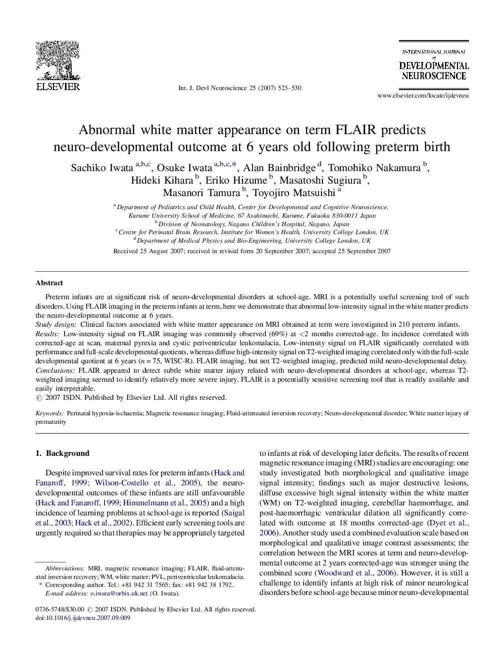 Abnormal white matter appearance on term FLAIR predicts neuro-developmental outcome at 6 years old following preterm birth