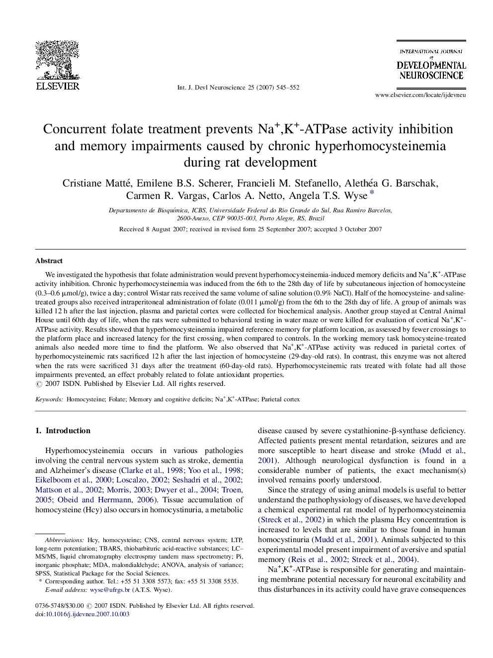 Concurrent folate treatment prevents Na+,K+-ATPase activity inhibition and memory impairments caused by chronic hyperhomocysteinemia during rat development