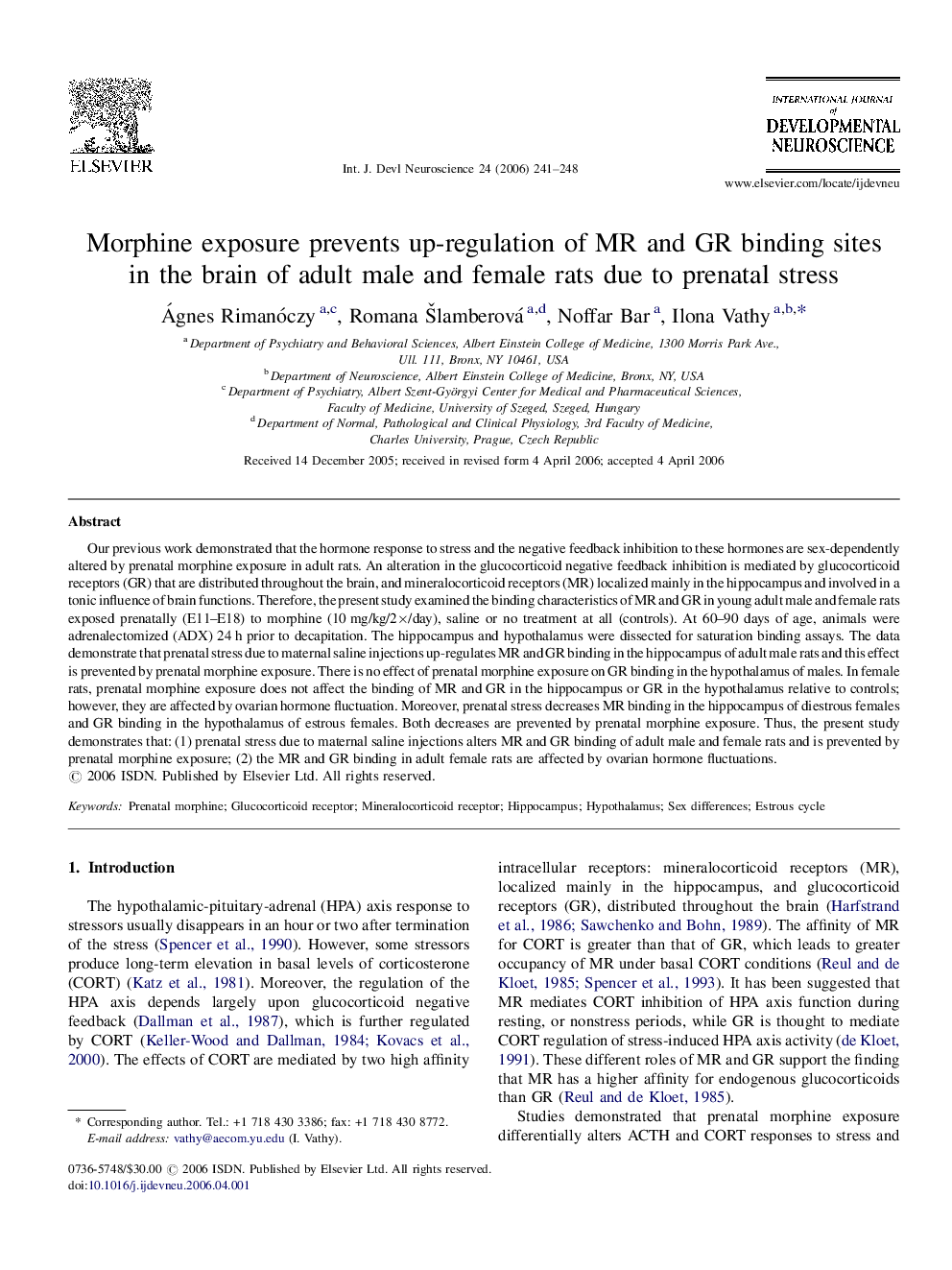 Morphine exposure prevents up-regulation of MR and GR binding sites in the brain of adult male and female rats due to prenatal stress