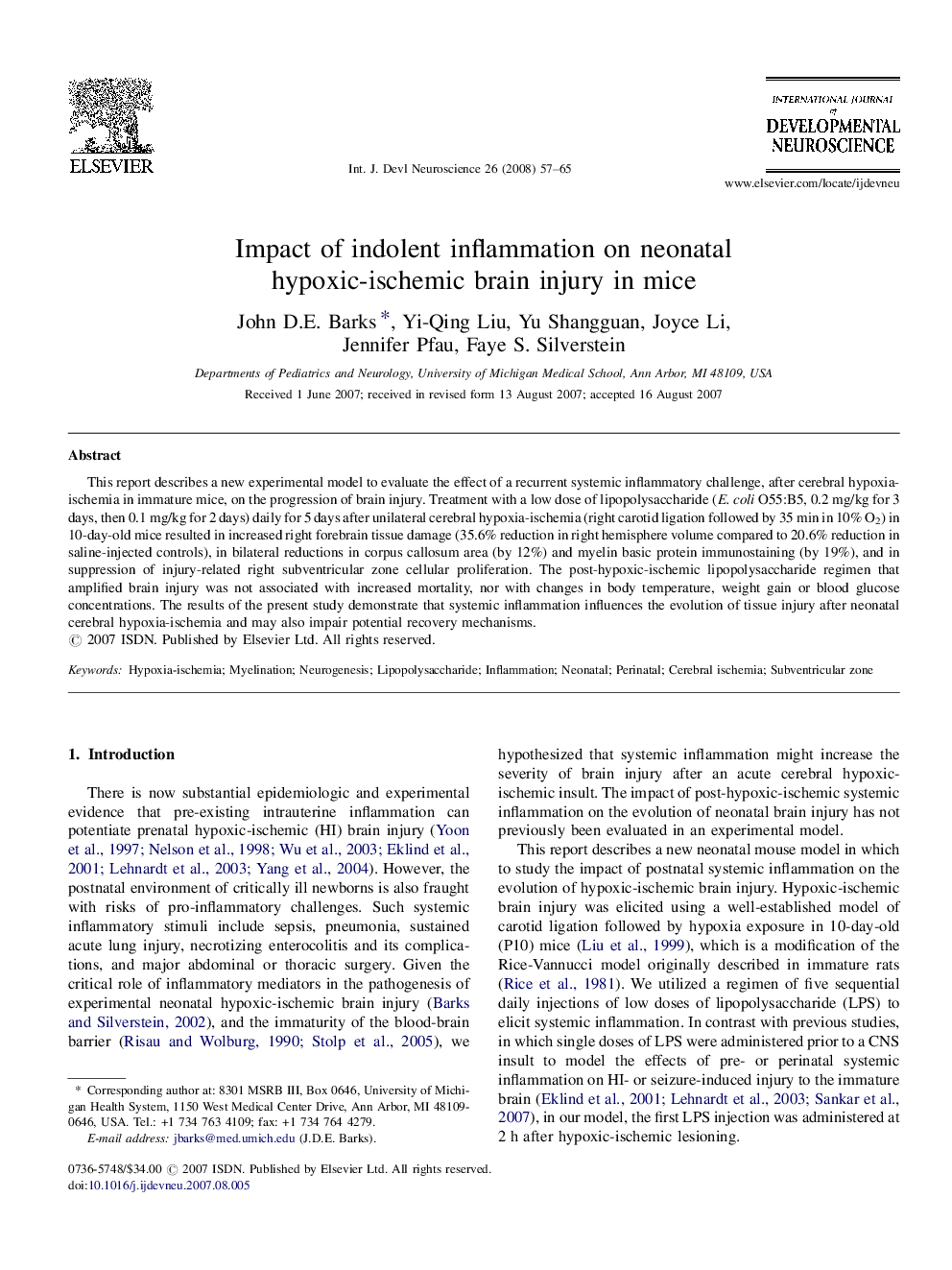 Impact of indolent inflammation on neonatal hypoxic-ischemic brain injury in mice