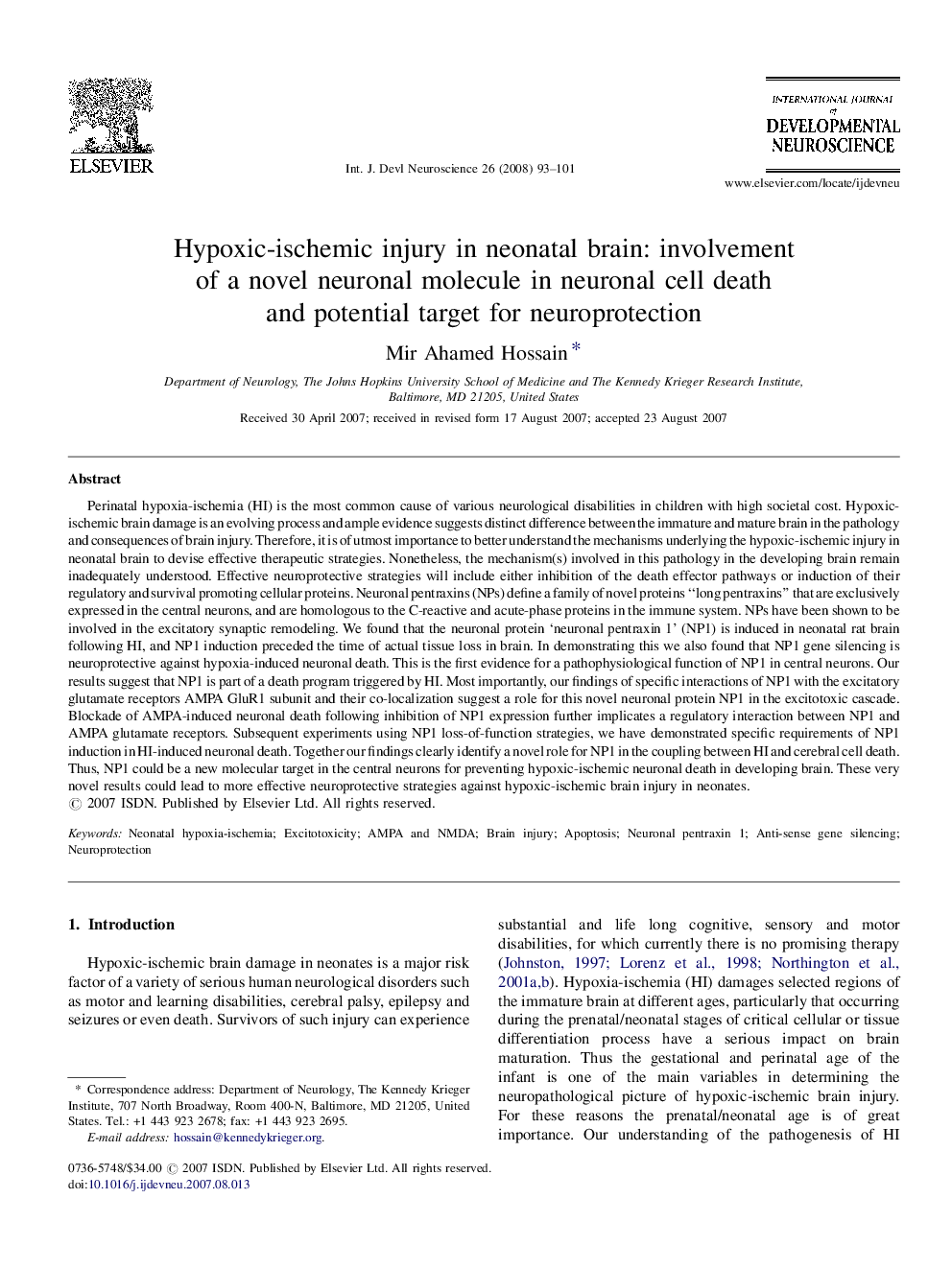 Hypoxic-ischemic injury in neonatal brain: involvement of a novel neuronal molecule in neuronal cell death and potential target for neuroprotection