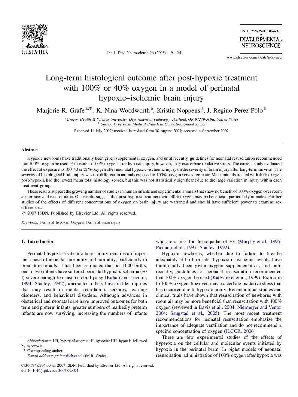 Long-term histological outcome after post-hypoxic treatment with 100% or 40% oxygen in a model of perinatal hypoxic–ischemic brain injury