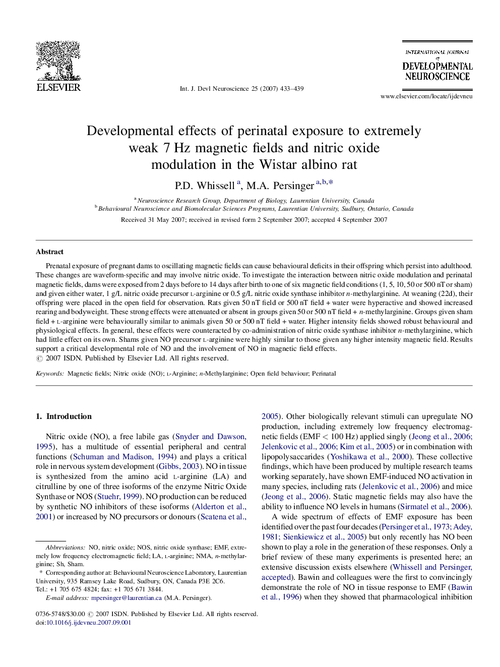 Developmental effects of perinatal exposure to extremely weak 7 Hz magnetic fields and nitric oxide modulation in the Wistar albino rat