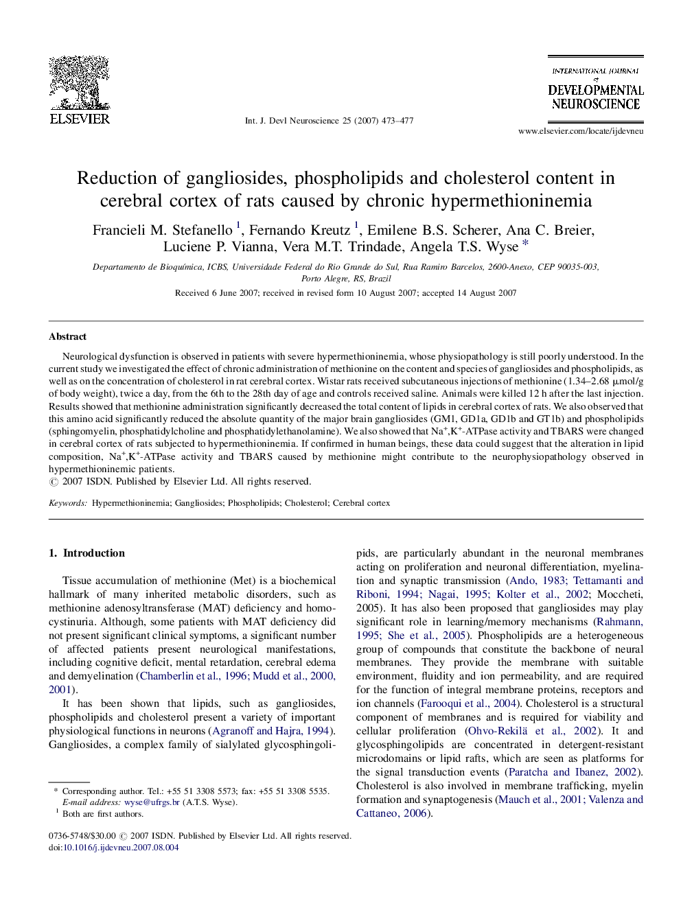 Reduction of gangliosides, phospholipids and cholesterol content in cerebral cortex of rats caused by chronic hypermethioninemia