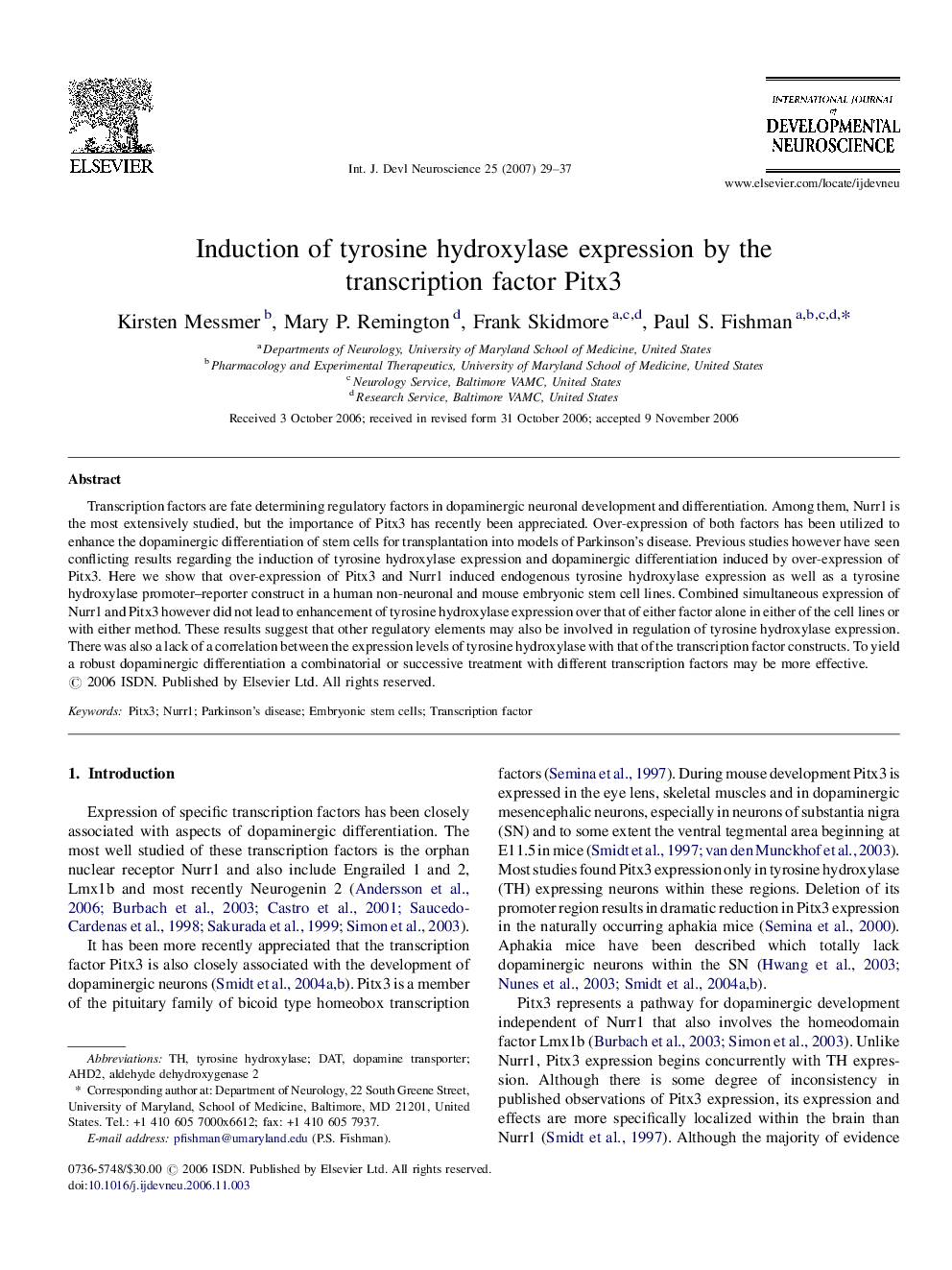 Induction of tyrosine hydroxylase expression by the transcription factor Pitx3