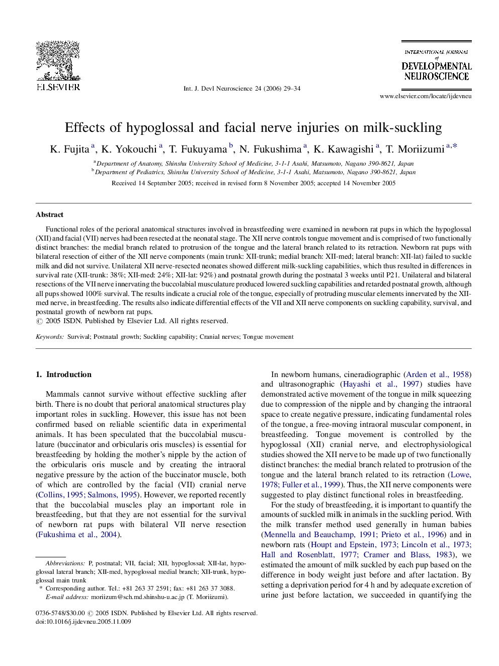 Effects of hypoglossal and facial nerve injuries on milk-suckling