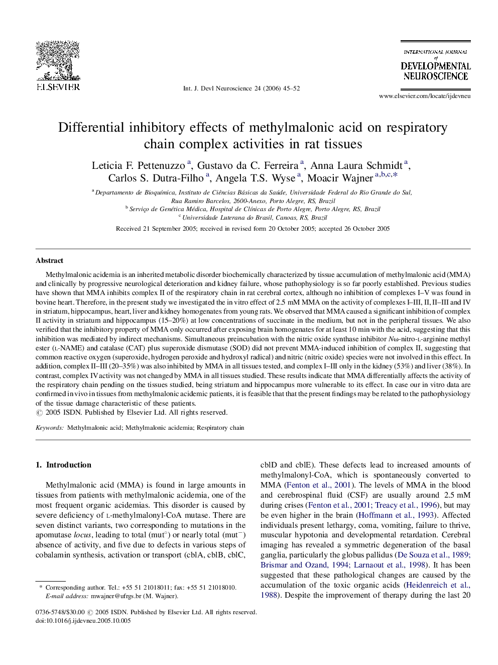 Differential inhibitory effects of methylmalonic acid on respiratory chain complex activities in rat tissues