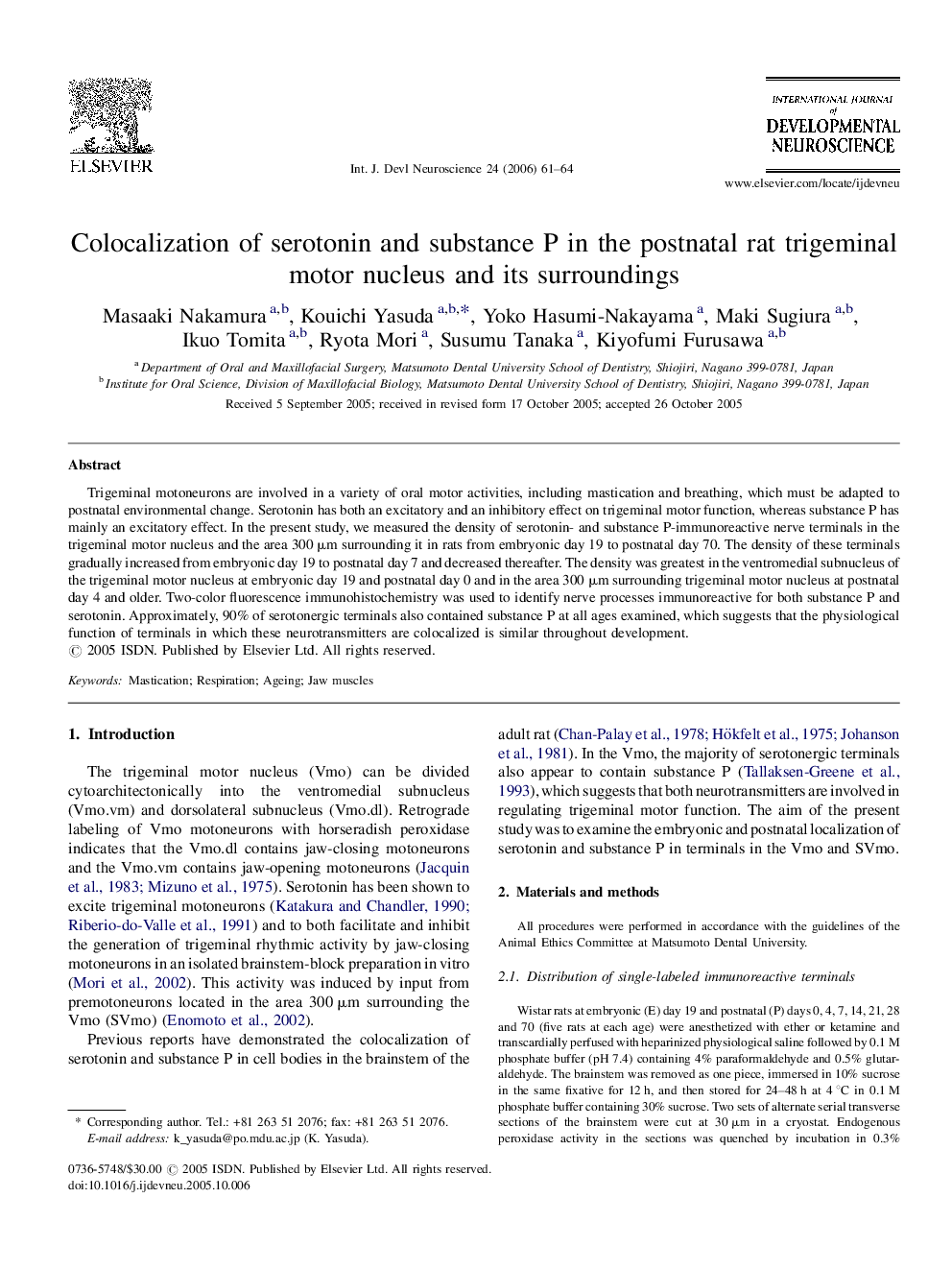 Colocalization of serotonin and substance P in the postnatal rat trigeminal motor nucleus and its surroundings