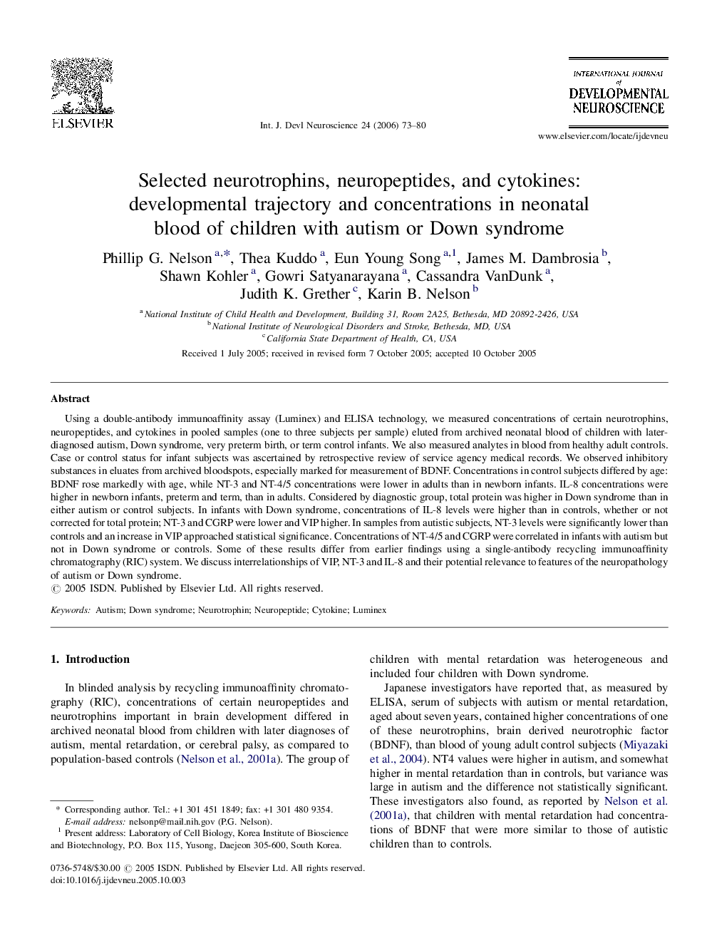 Selected neurotrophins, neuropeptides, and cytokines: developmental trajectory and concentrations in neonatal blood of children with autism or Down syndrome