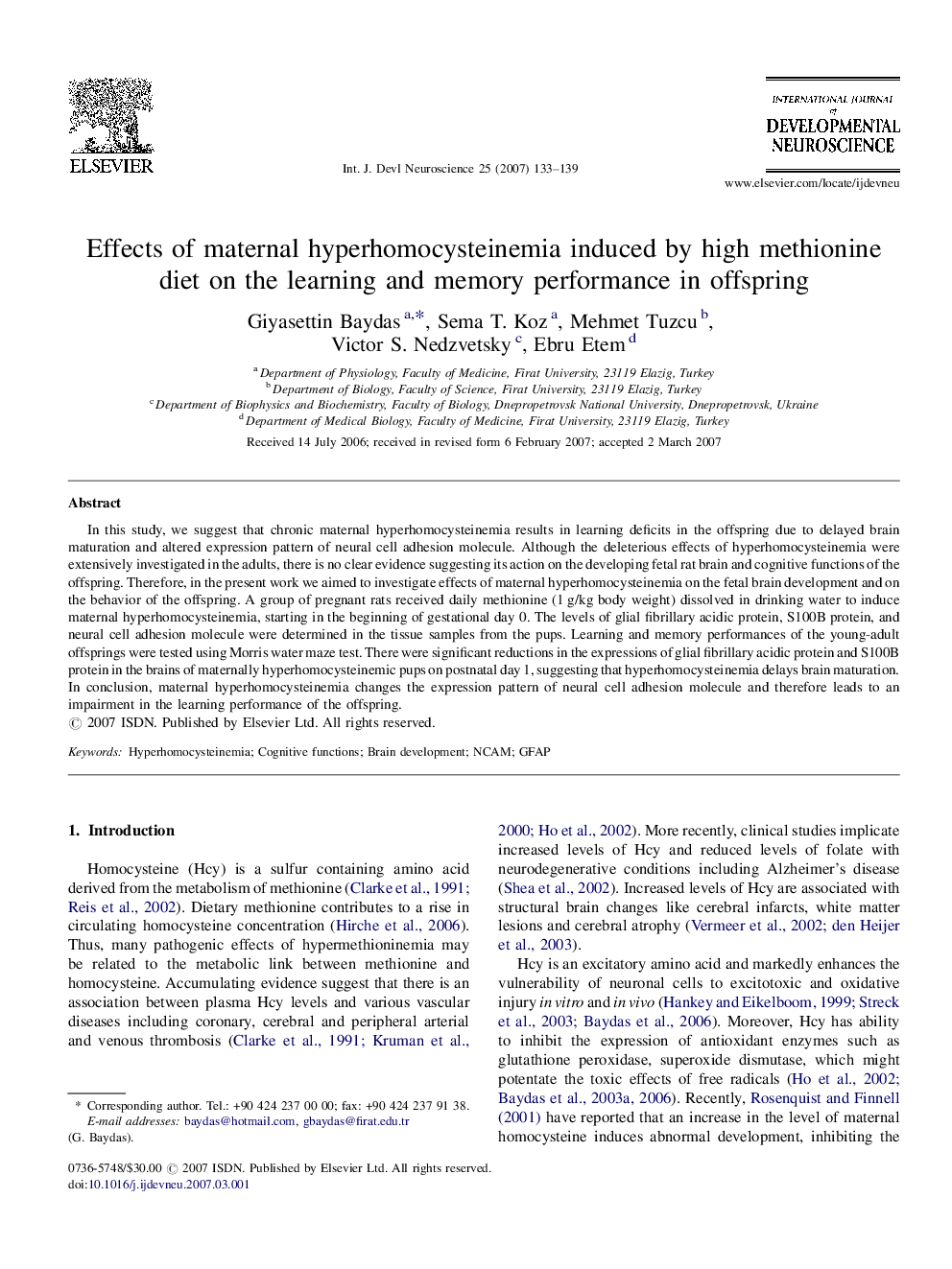 Effects of maternal hyperhomocysteinemia induced by high methionine diet on the learning and memory performance in offspring