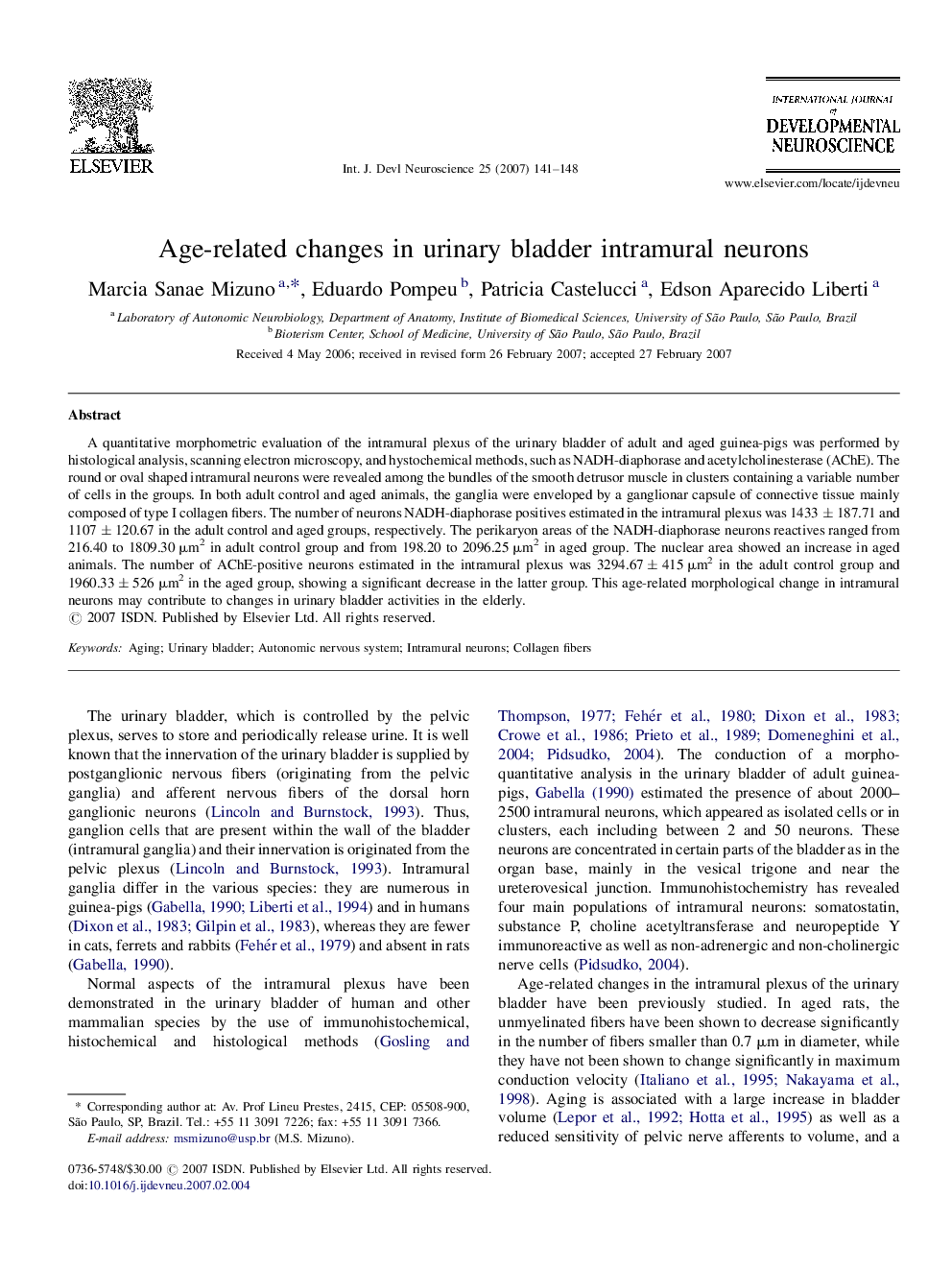 Age-related changes in urinary bladder intramural neurons