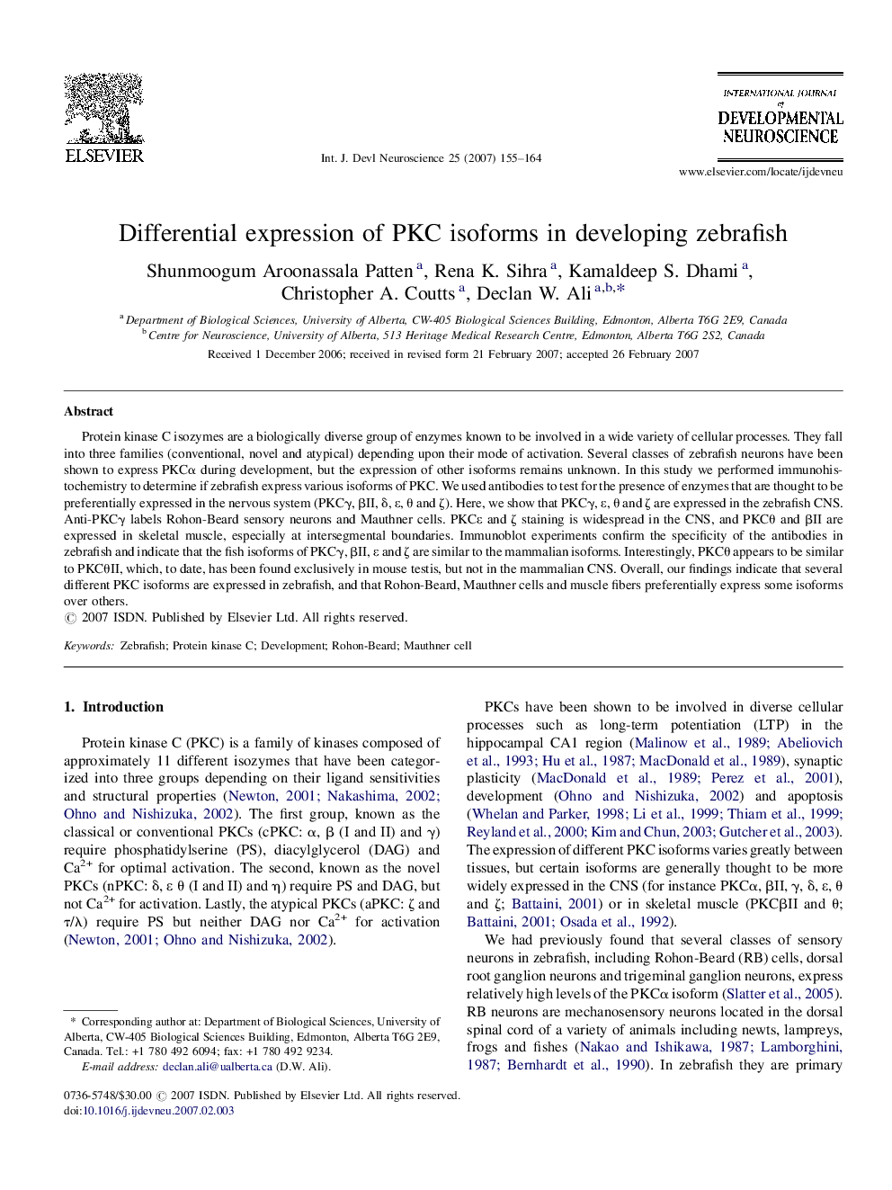 Differential expression of PKC isoforms in developing zebrafish