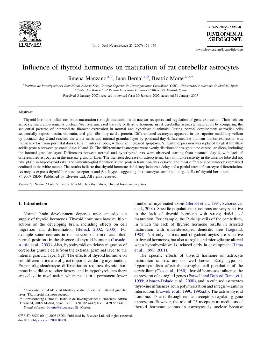 Influence of thyroid hormones on maturation of rat cerebellar astrocytes