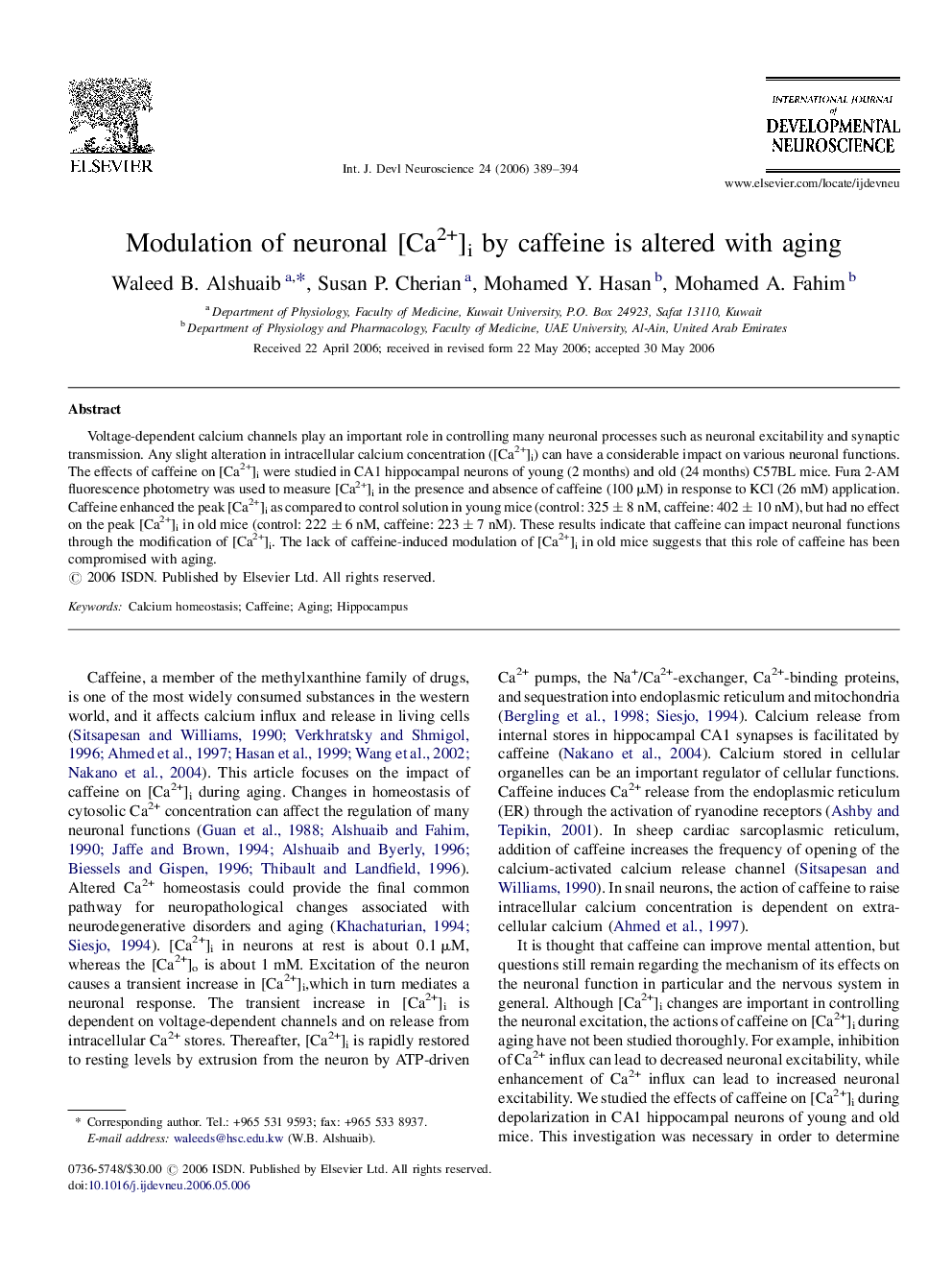 Modulation of neuronal [Ca2+]i by caffeine is altered with aging