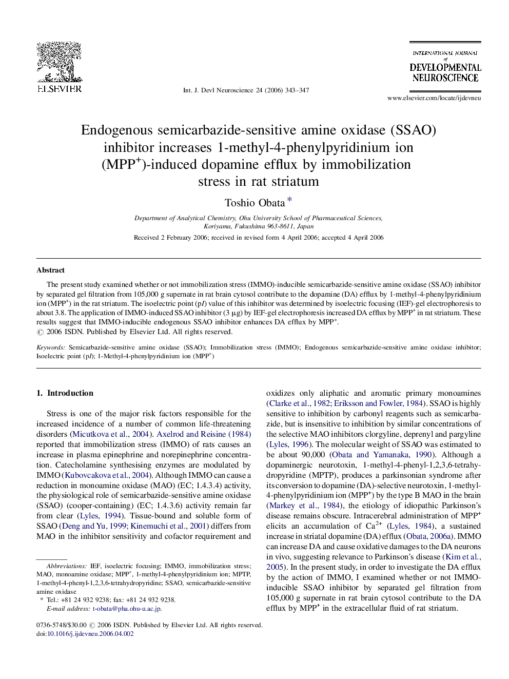 Endogenous semicarbazide-sensitive amine oxidase (SSAO) inhibitor increases 1-methyl-4-phenylpyridinium ion (MPP+)-induced dopamine efflux by immobilization stress in rat striatum