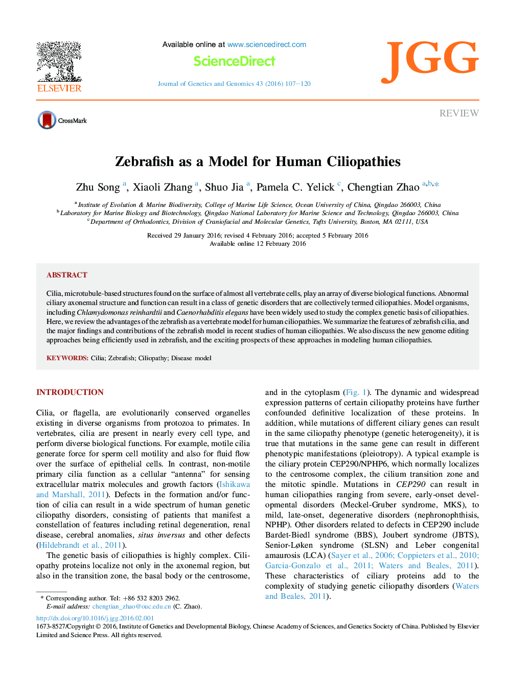 Zebrafish as a Model for Human Ciliopathies