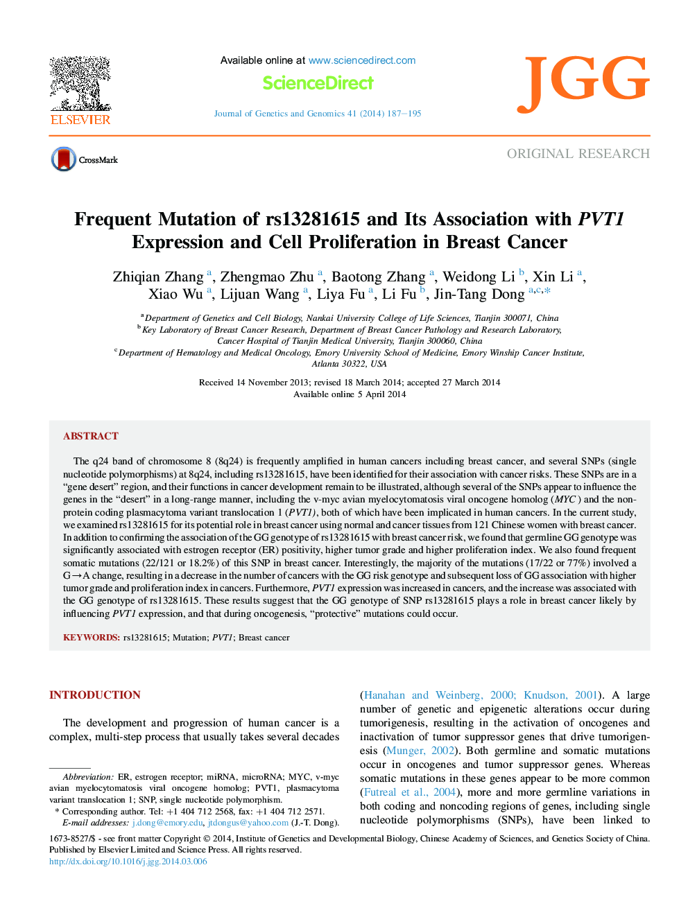 Frequent Mutation of rs13281615 and Its Association with PVT1 Expression and Cell Proliferation in Breast Cancer