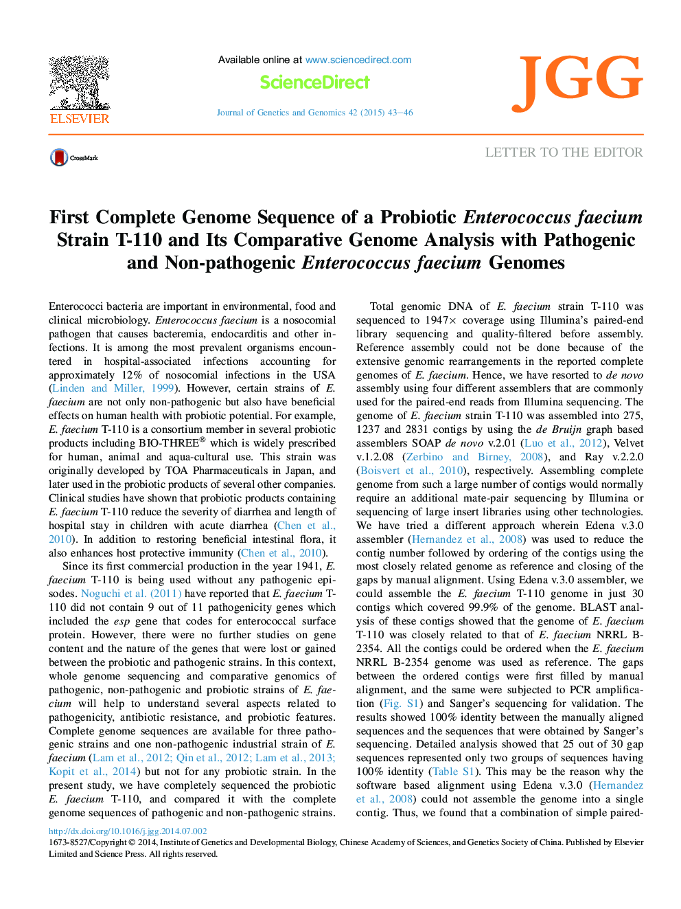 First Complete Genome Sequence of a Probiotic Enterococcus faecium Strain T-110 and Its Comparative Genome Analysis with Pathogenic and Non-pathogenic Enterococcus faecium Genomes